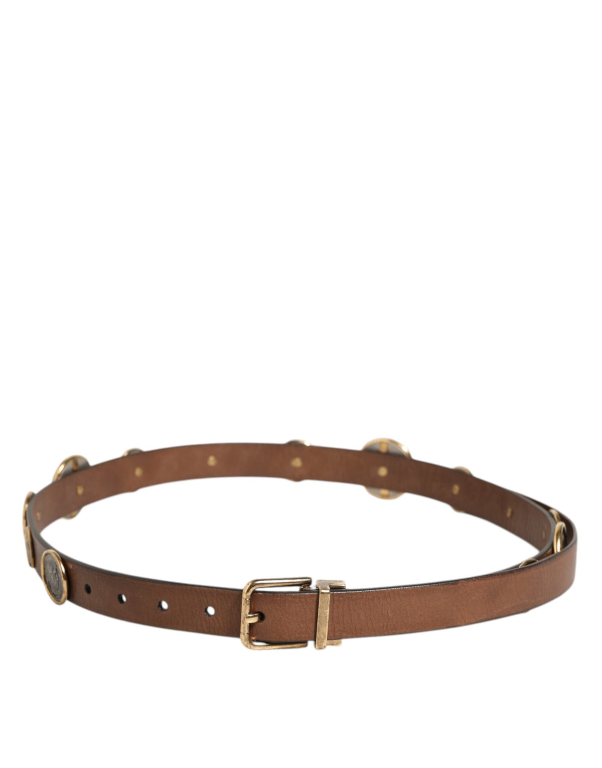 Elevate your style with the Dolce & Gabbana Brown Leather Gold Silver Coin Buckle Belt, a masterpiece of Italian craftsmanship that embodies timeless elegance and sophistication.