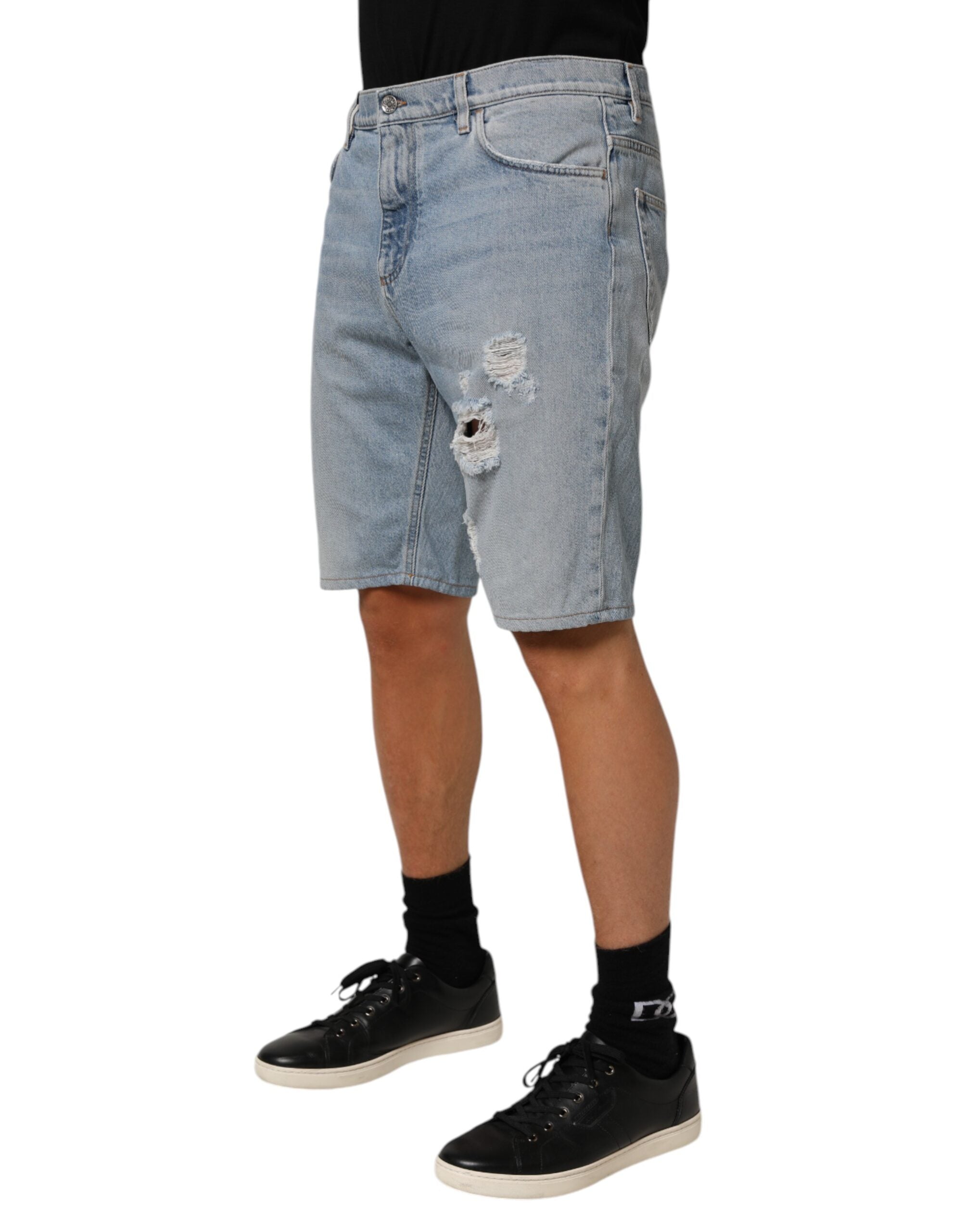 Dolce & Gabbana Blue Cotton Distressed Denim Bermuda Shorts