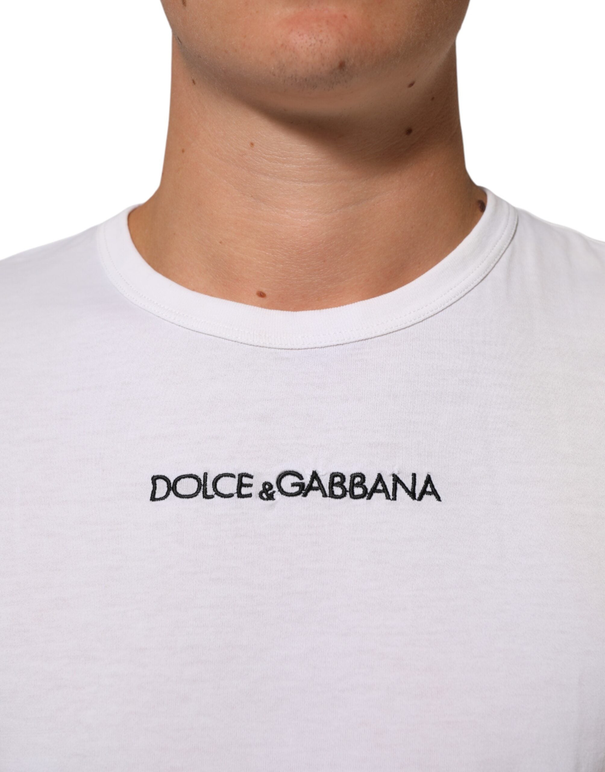 Dolce & Gabbana White Logo Print Cotton Crew Neck Men T-shirt