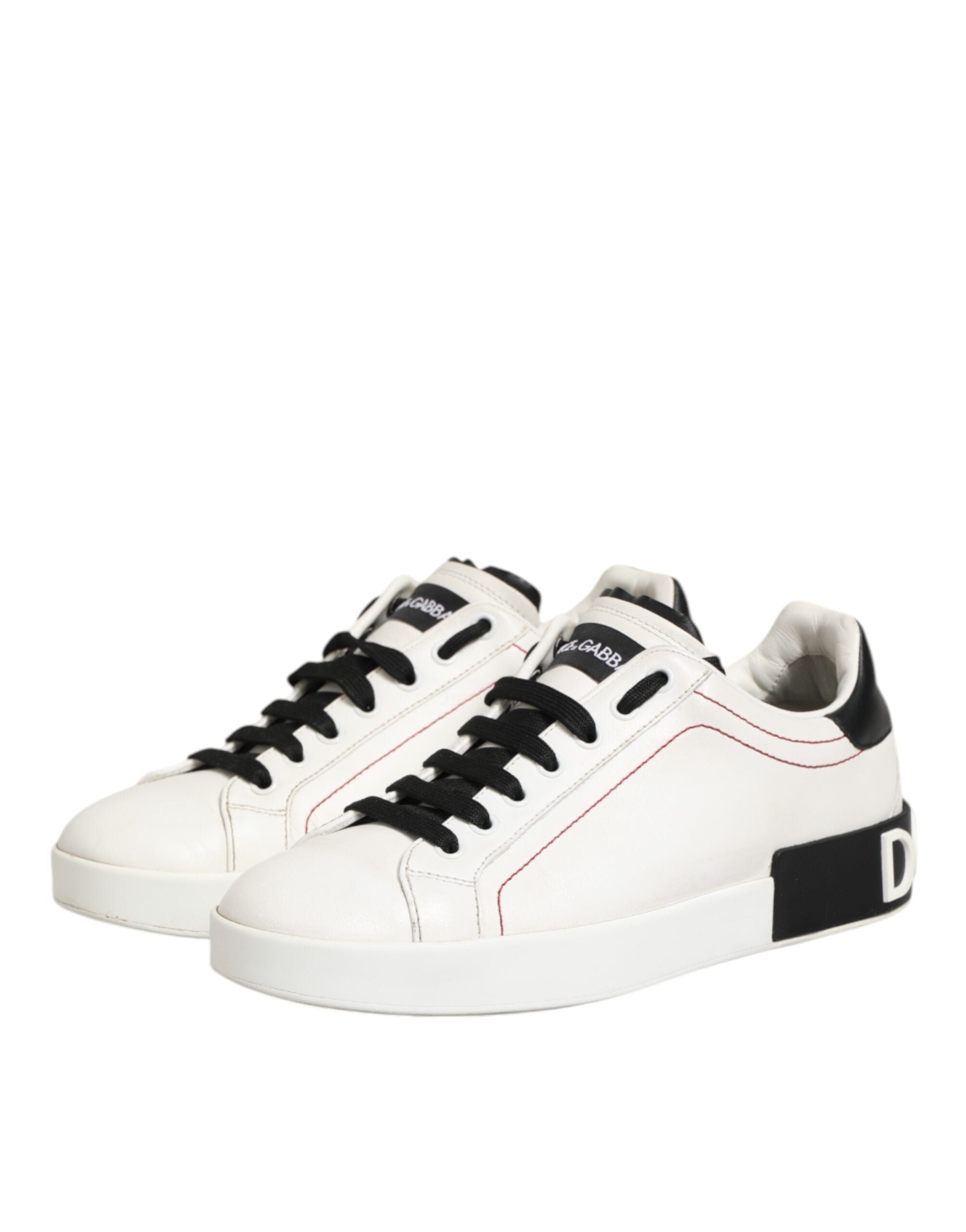Dolce & Gabbana White Black Leather Low Top Sneaker Shoes
