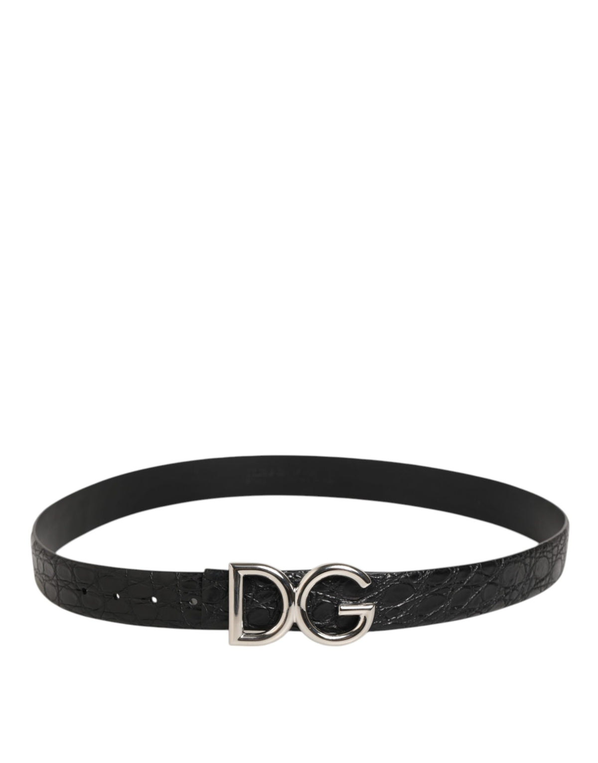 Elevate your style with the Dolce & Gabbana Black Exotic Leather DG Logo Buckle Belt, a luxurious blend of Caiman and calf leather, embodying timeless elegance and unmatched craftsmanship.