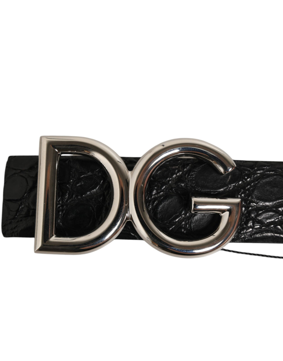 Elevate your style with the Dolce & Gabbana Black Exotic Leather DG Logo Buckle Belt, a luxurious blend of Caiman and calf leather, embodying timeless elegance and unmatched craftsmanship.
