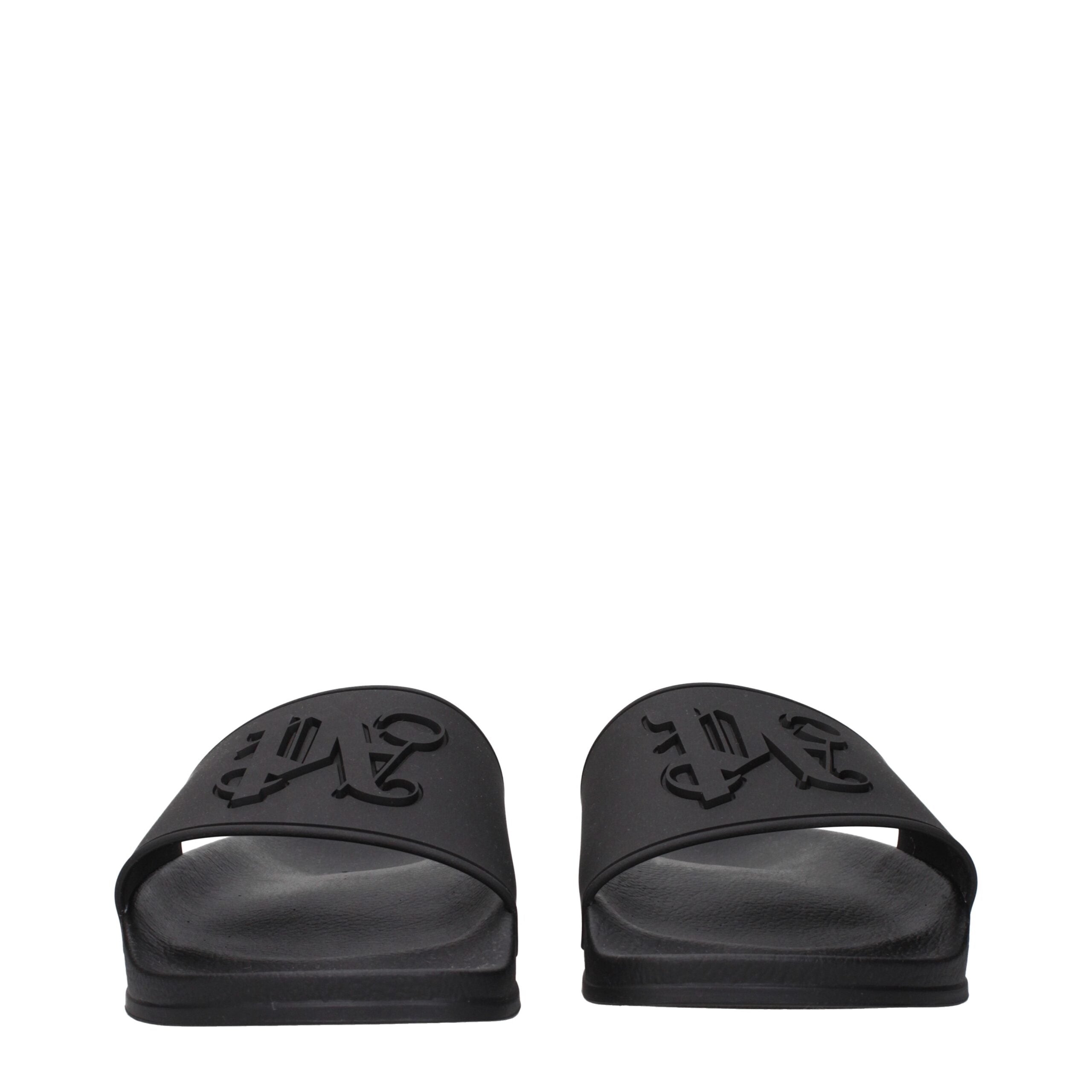 Experience the exquisite Palm Angels Black Cotton Slippers, crafted from premium rubber for unparalleled comfort and timeless elegance, embodying luxury and sophistication.