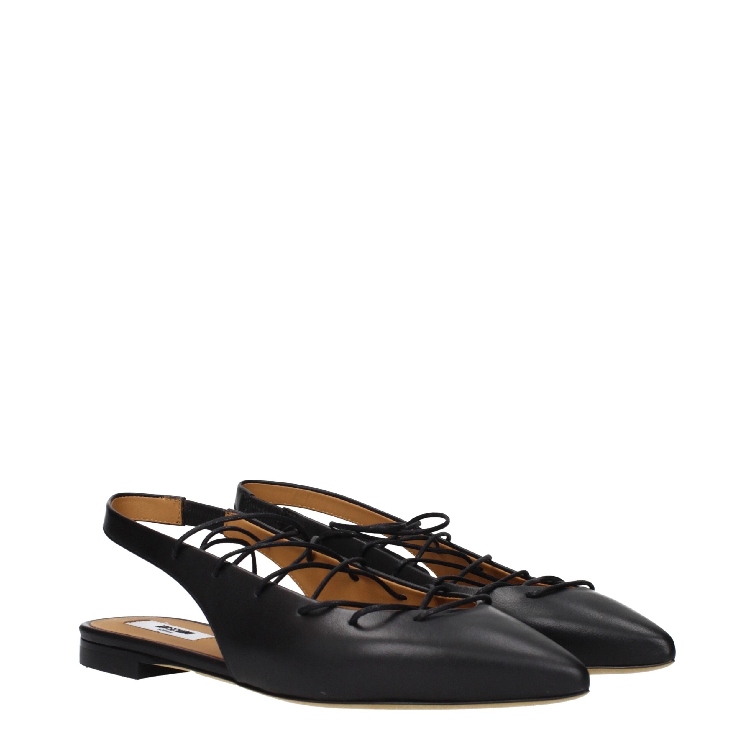 Step into unparalleled elegance with Moschino Black Leather Flats, crafted from premium leather for a luxurious experience that elevates every ensemble.