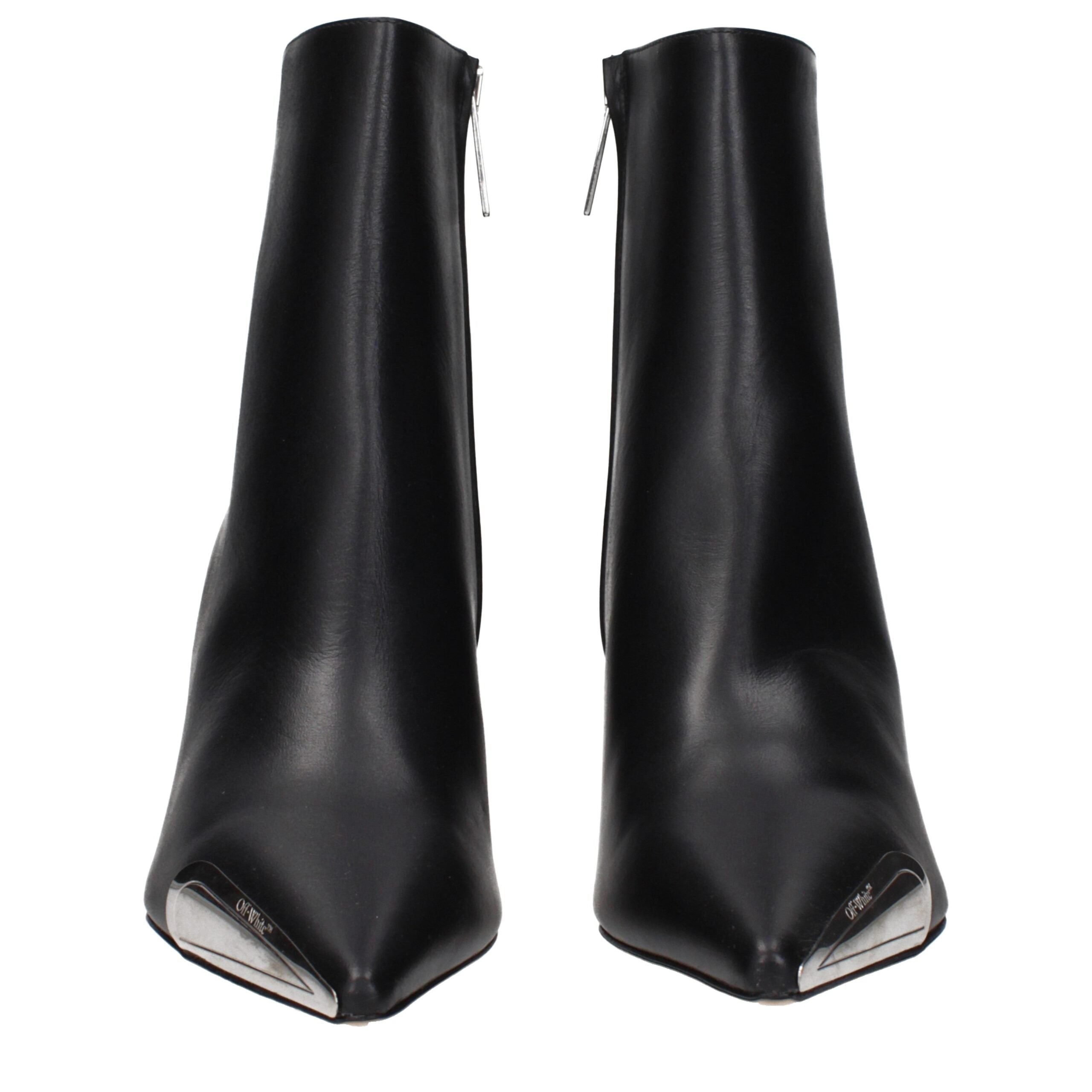 Step into the realm of luxury with Off-White Black Leather Ankle Boots, where exquisite craftsmanship meets avant-garde elegance, perfect for the discerning fashionista.