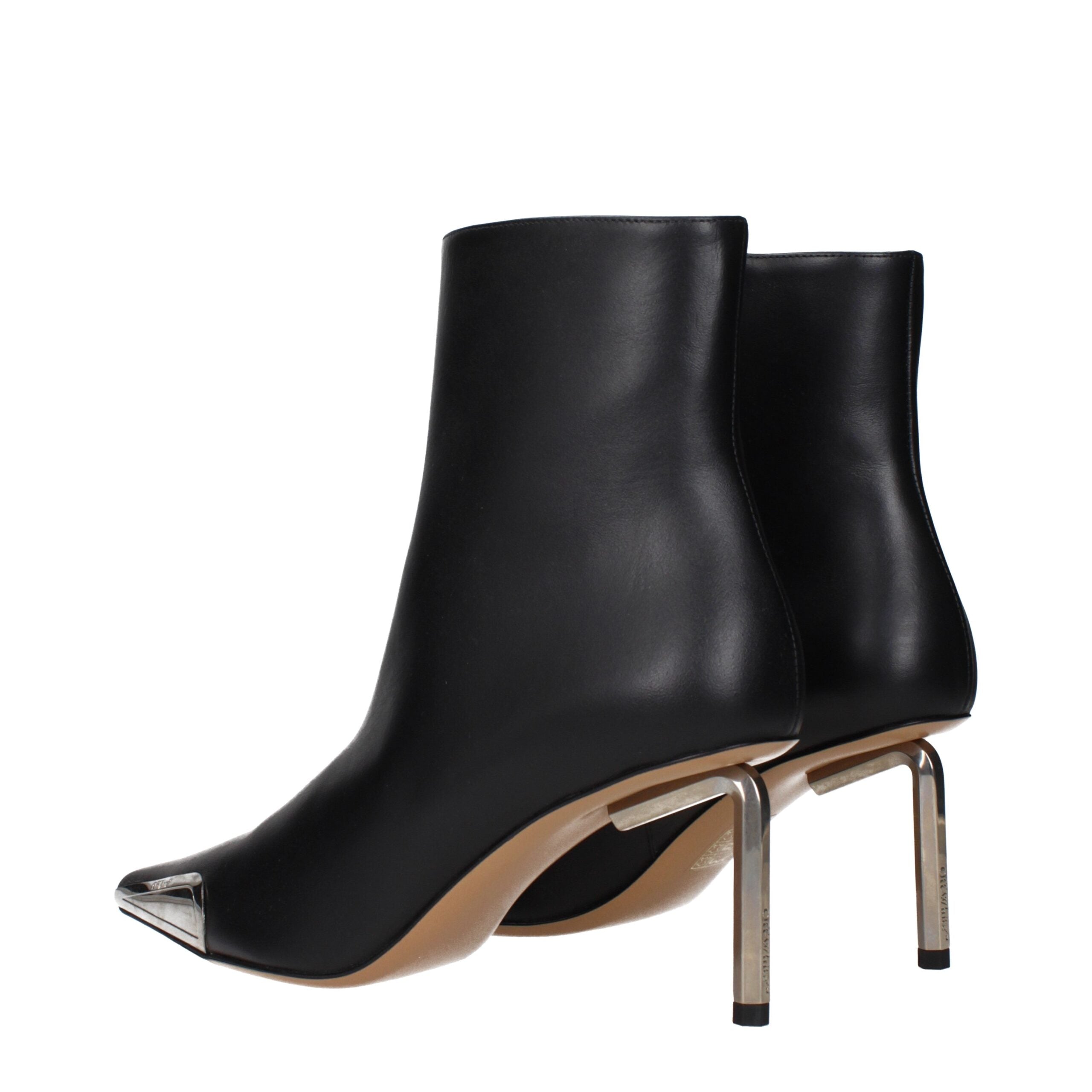 Step into a realm of sophistication with Off-White Black Leather Ankle Boots, where exquisite craftsmanship meets contemporary luxury for the discerning fashionista.