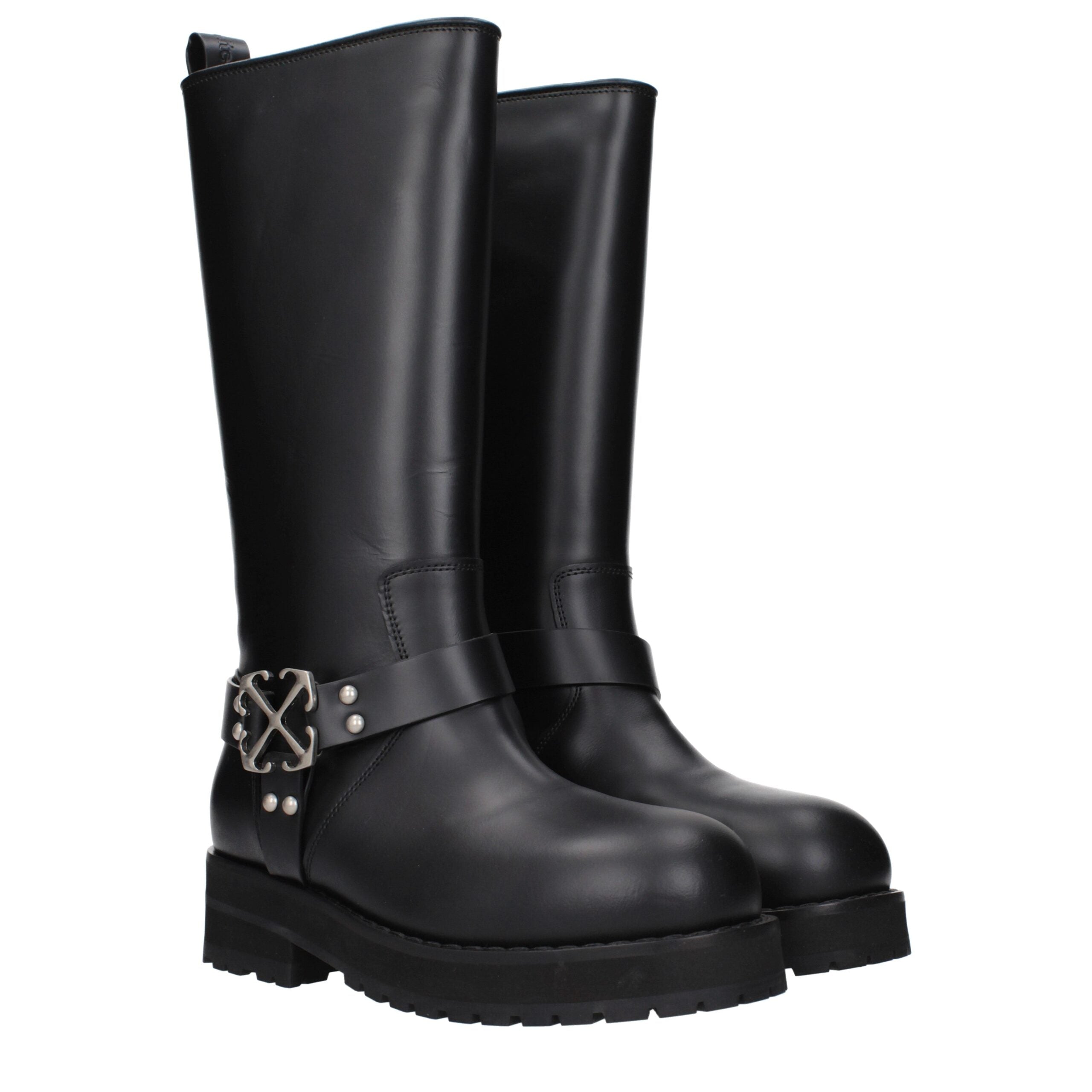 Experience the allure of Off-White Black Leather Flat Boots, where exquisite craftsmanship meets modern elegance, perfect for those who embody sophistication and grace.