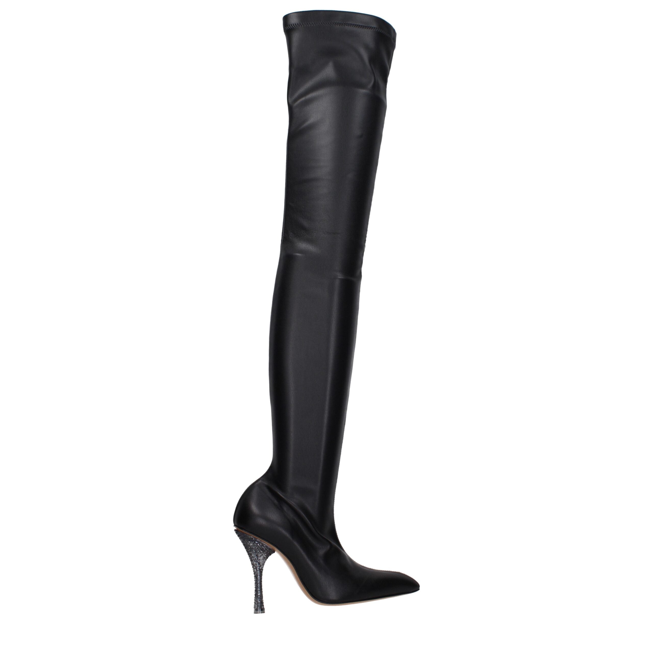 Indulge in the allure of Off-White's Black Leather Over The Knee Boots, crafted from eco leather for a striking silhouette that embodies timeless luxury and sophistication.