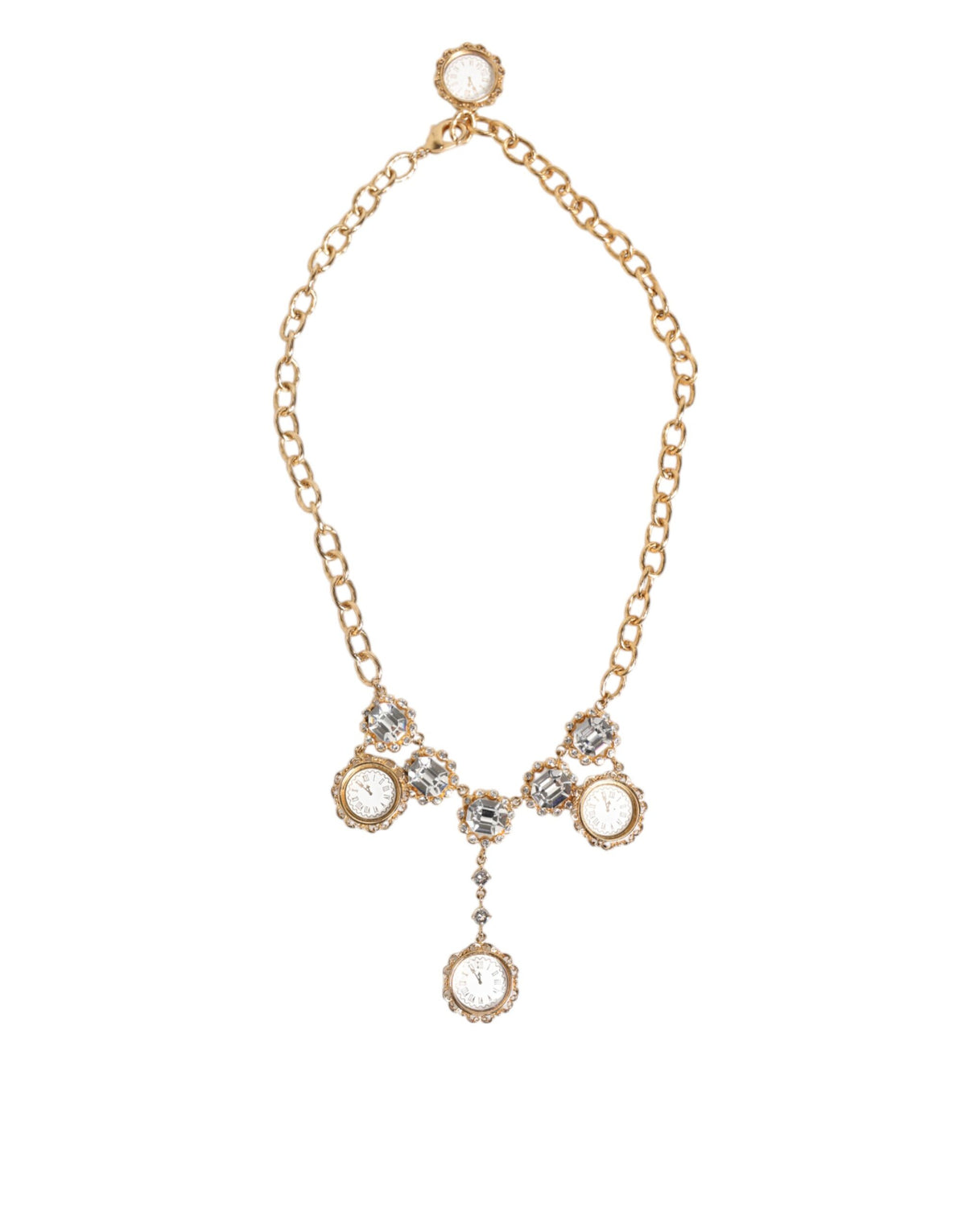 Elevate your elegance with the Dolce & Gabbana Gold Crystal Clock Pendant Necklace, a luxurious blend of crystal and brass that embodies timeless sophistication and artistry.