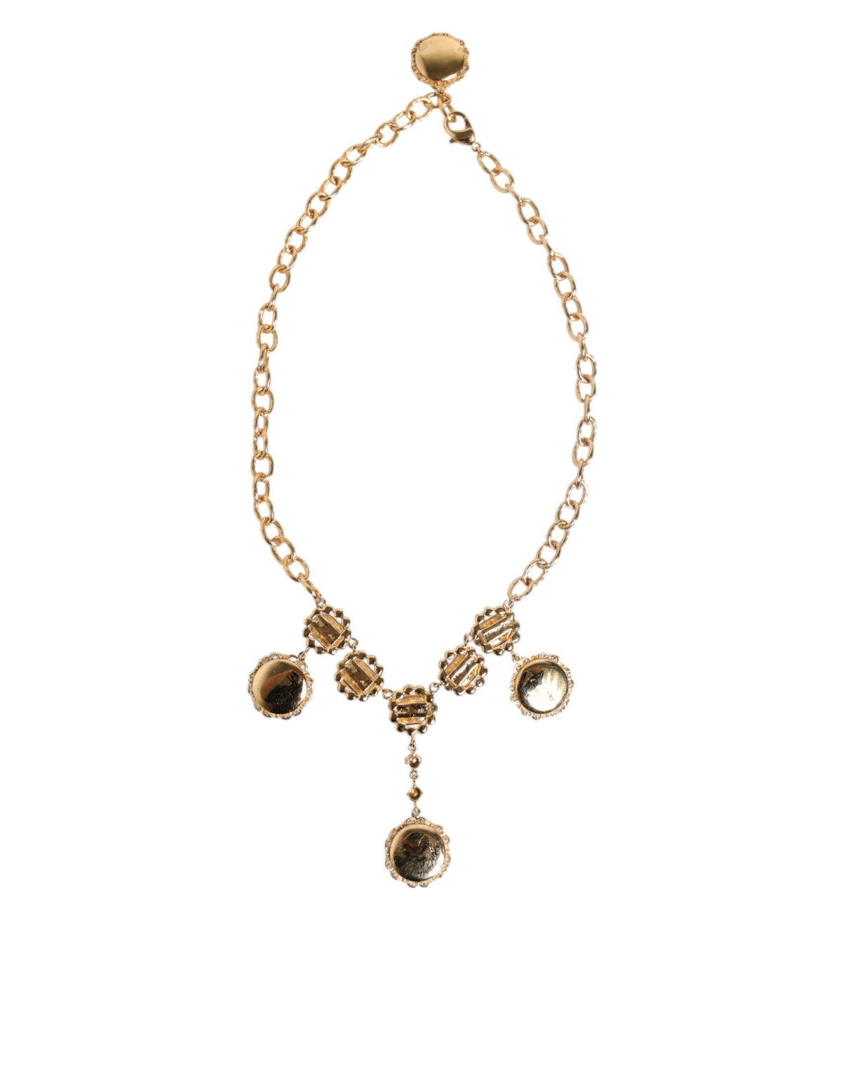 Indulge in the exquisite Dolce & Gabbana Gold Crystal Clock Pendant Necklace, where luxurious craftsmanship meets timeless elegance, perfect for the discerning individual.