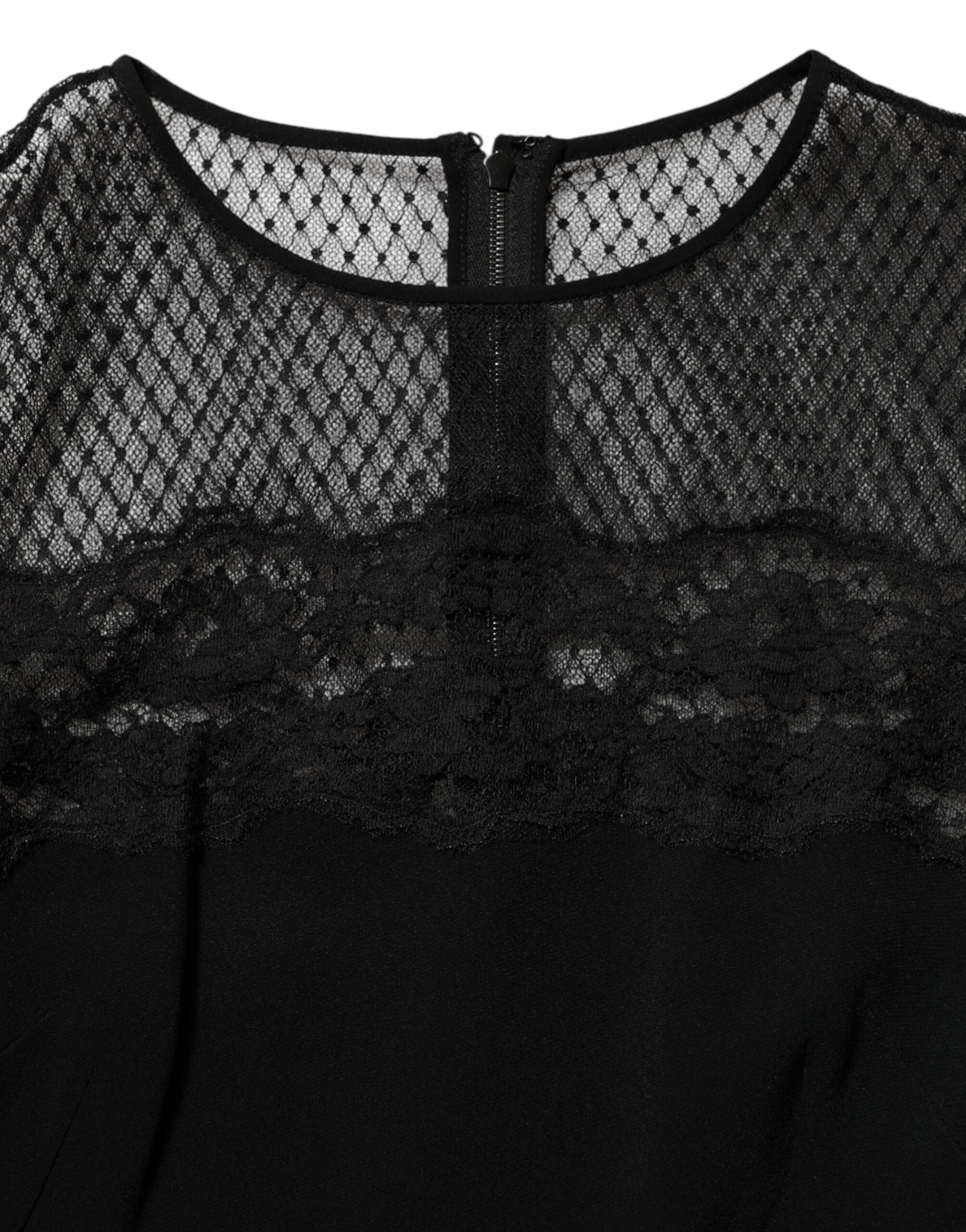 Discover the Dolce & Gabbana Black Floral Lace Trim Sheath A-line Dress, a masterpiece of Italian craftsmanship, blending luxurious materials for timeless elegance and allure.