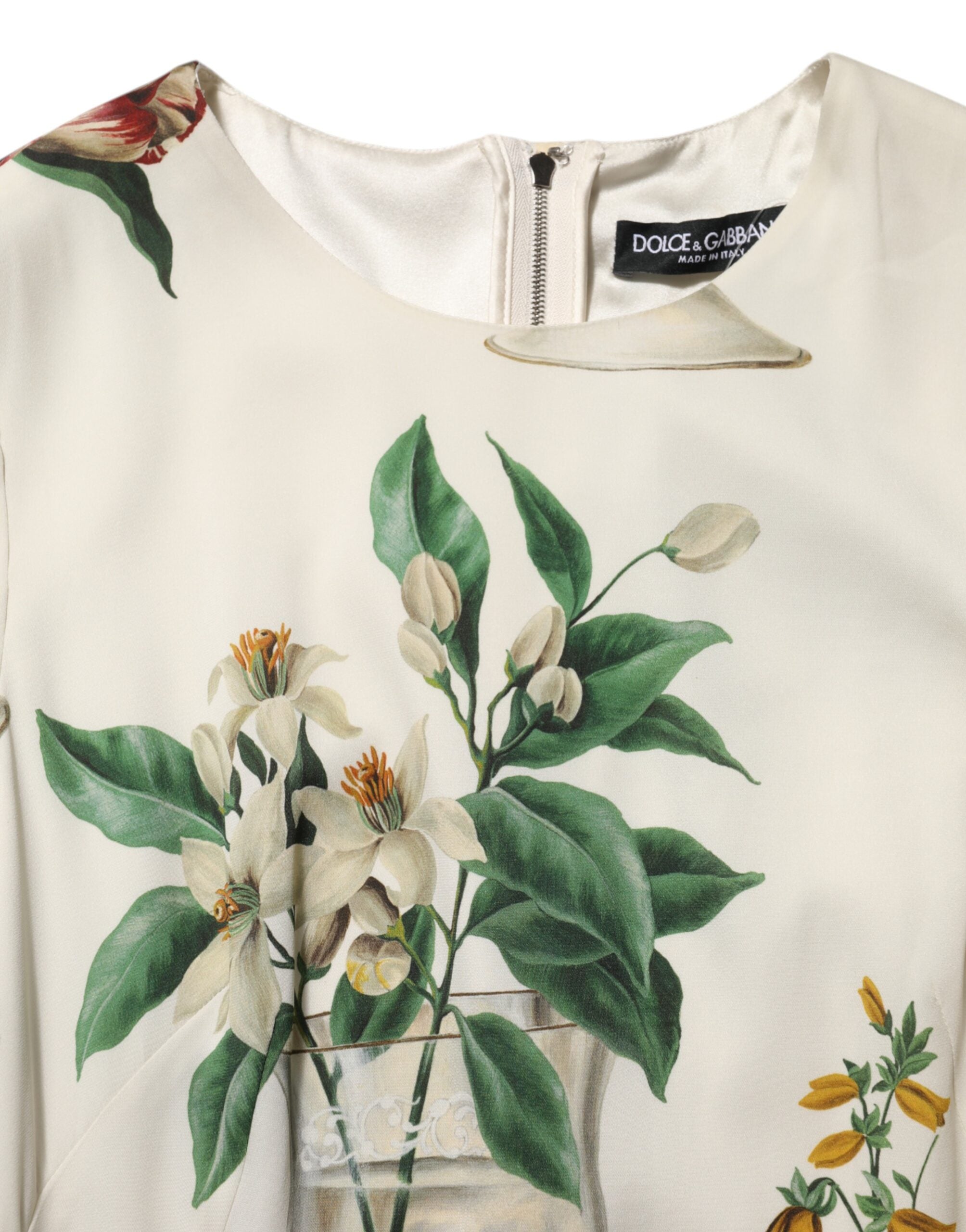 Dolce & Gabbana White Flower Vase Silk Sheath Midi Dress