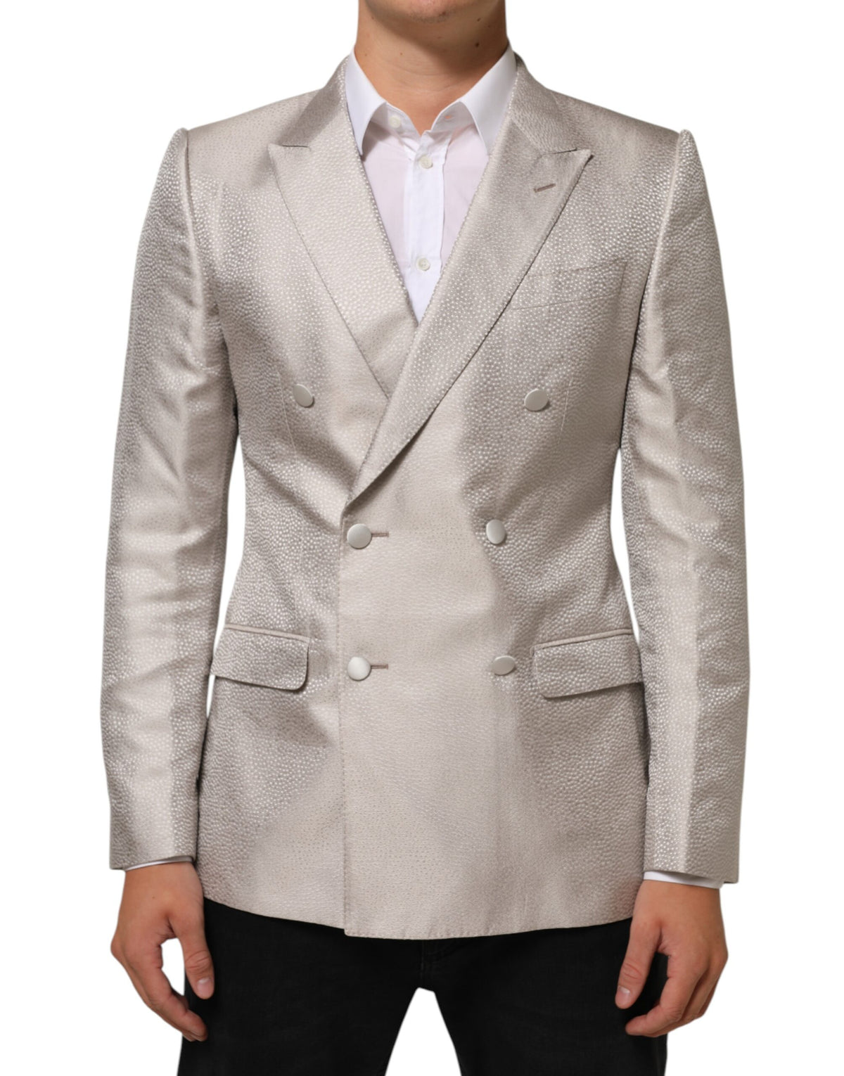 Elevate your style with the Dolce & Gabbana Beige MARTINI Double-Breasted Suit Blazer, a masterpiece of silk craftsmanship that embodies timeless elegance and sophistication.