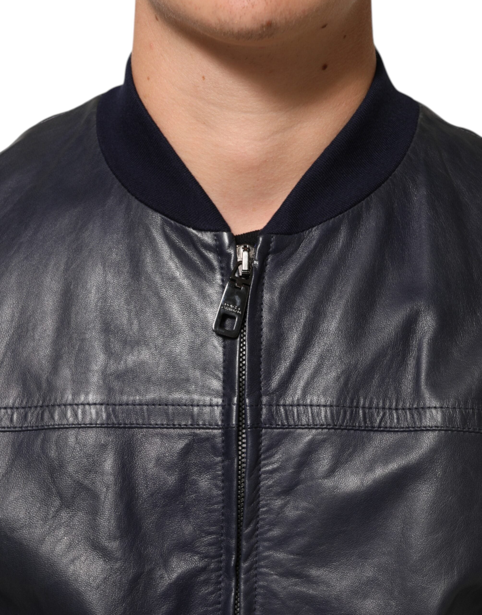 Dolce & Gabbana Blue Leather Full Zip Biker Blouson Jacket