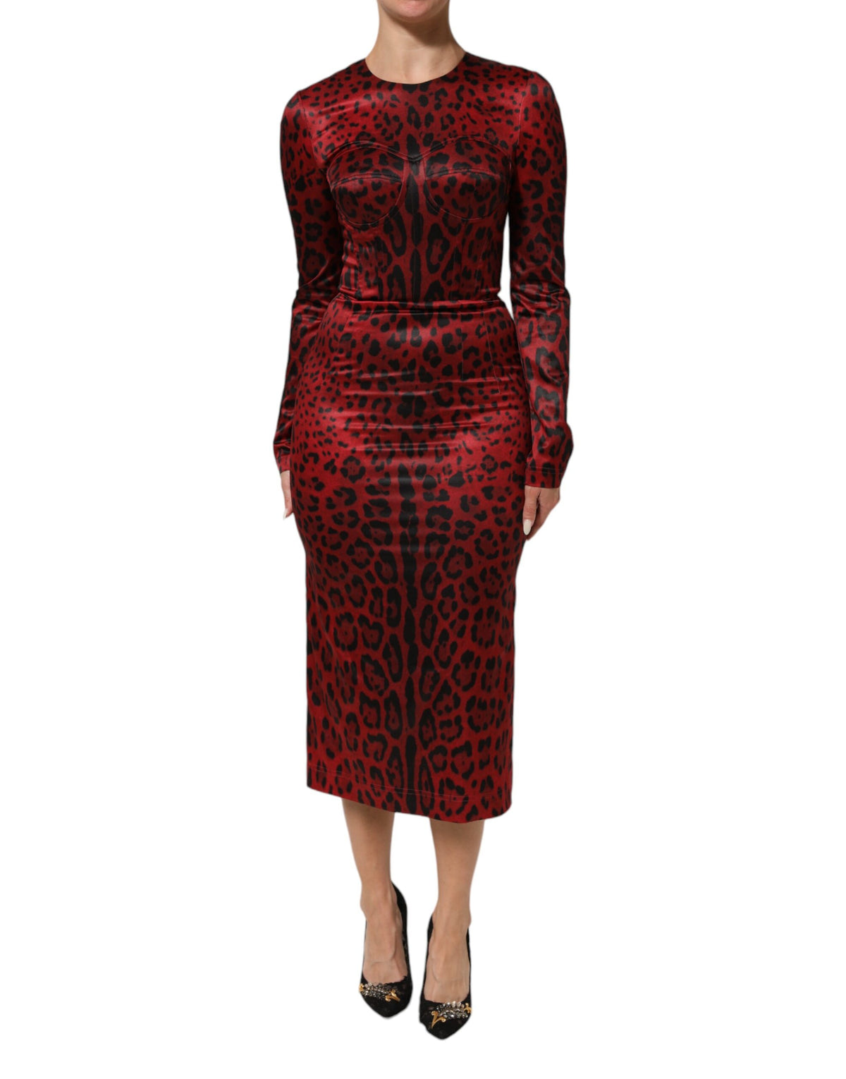 Indulge in the exquisite allure of the Dolce & Gabbana Red Leopard Sheath Long Sleeves Dress, a masterpiece of Italian craftsmanship that embodies timeless elegance and sophistication.