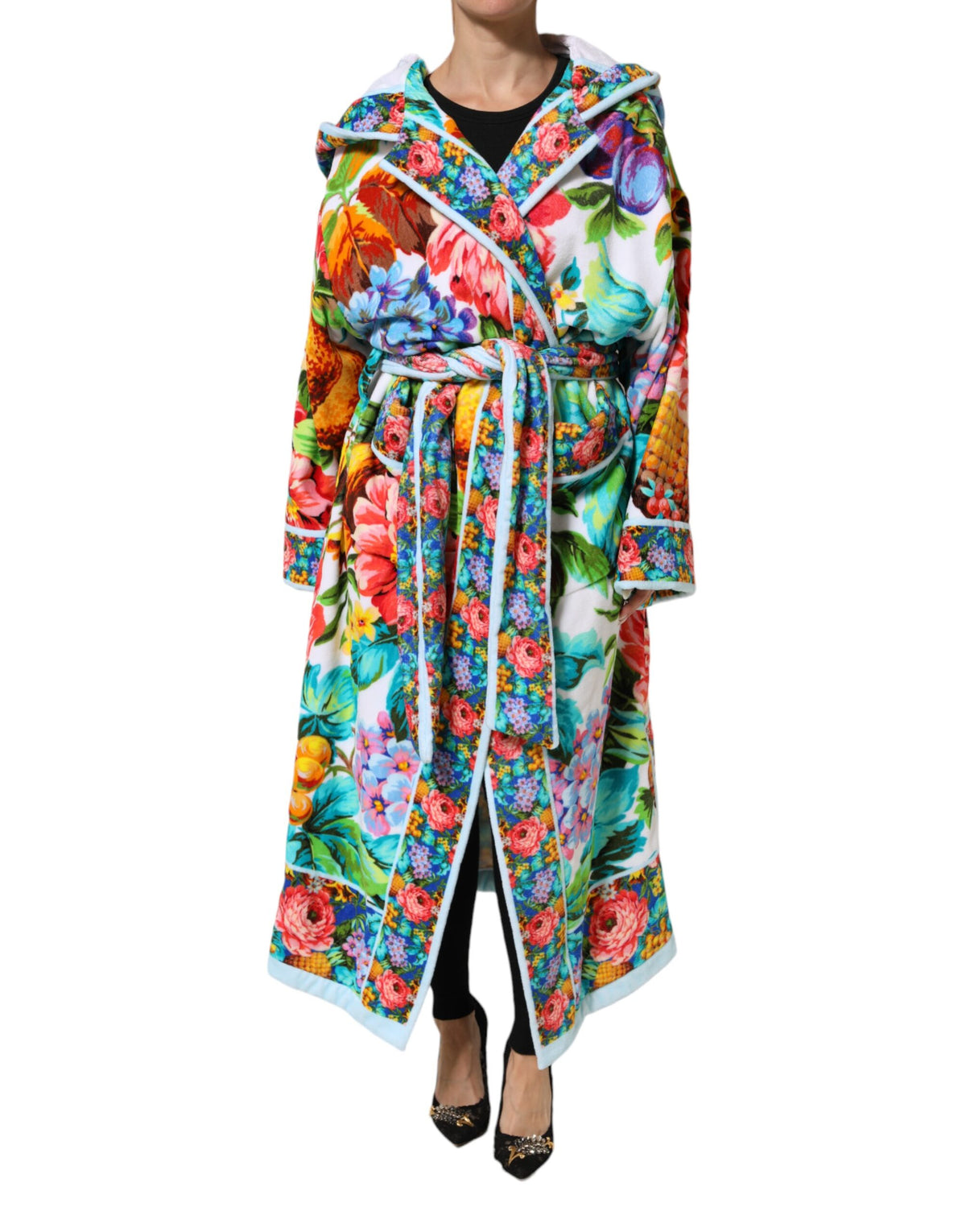 Indulge in the exquisite Dolce & Gabbana Multicolor Floral Print Belted Bathrobe Coat Jacket, crafted from 100% cotton, embodying timeless elegance and Italian craftsmanship.