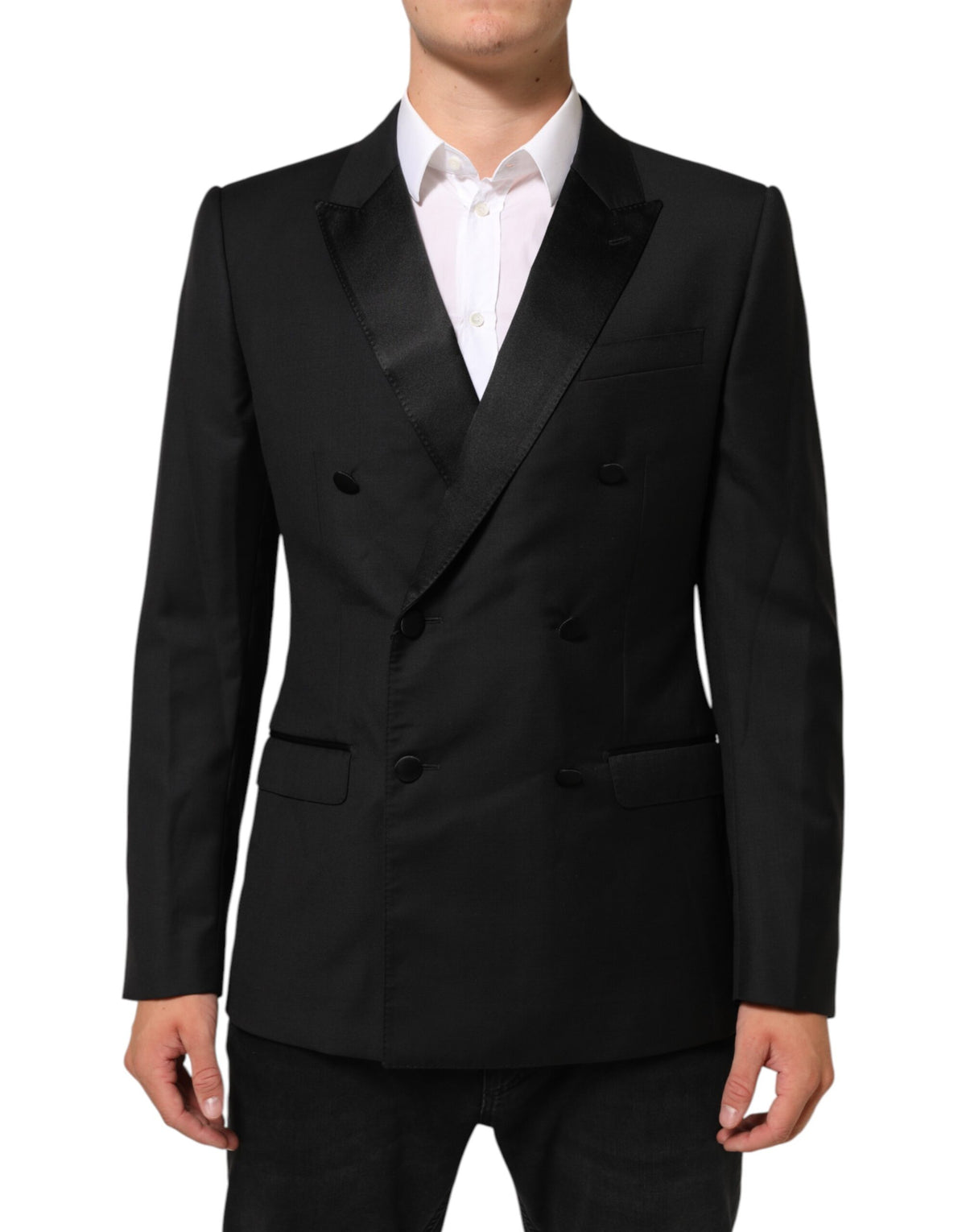 Discover the Dolce & Gabbana Black MARTINI Double-Breasted Suit Blazer, a symbol of exquisite craftsmanship and timeless elegance, perfect for the discerning individual.