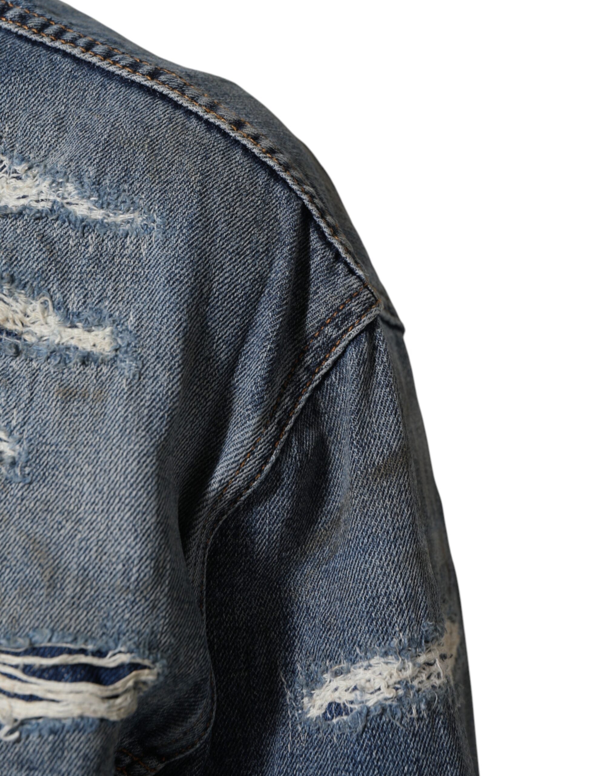 Dolce & Gabbana Blue Cotton Tattered Denim Blouson Jacket