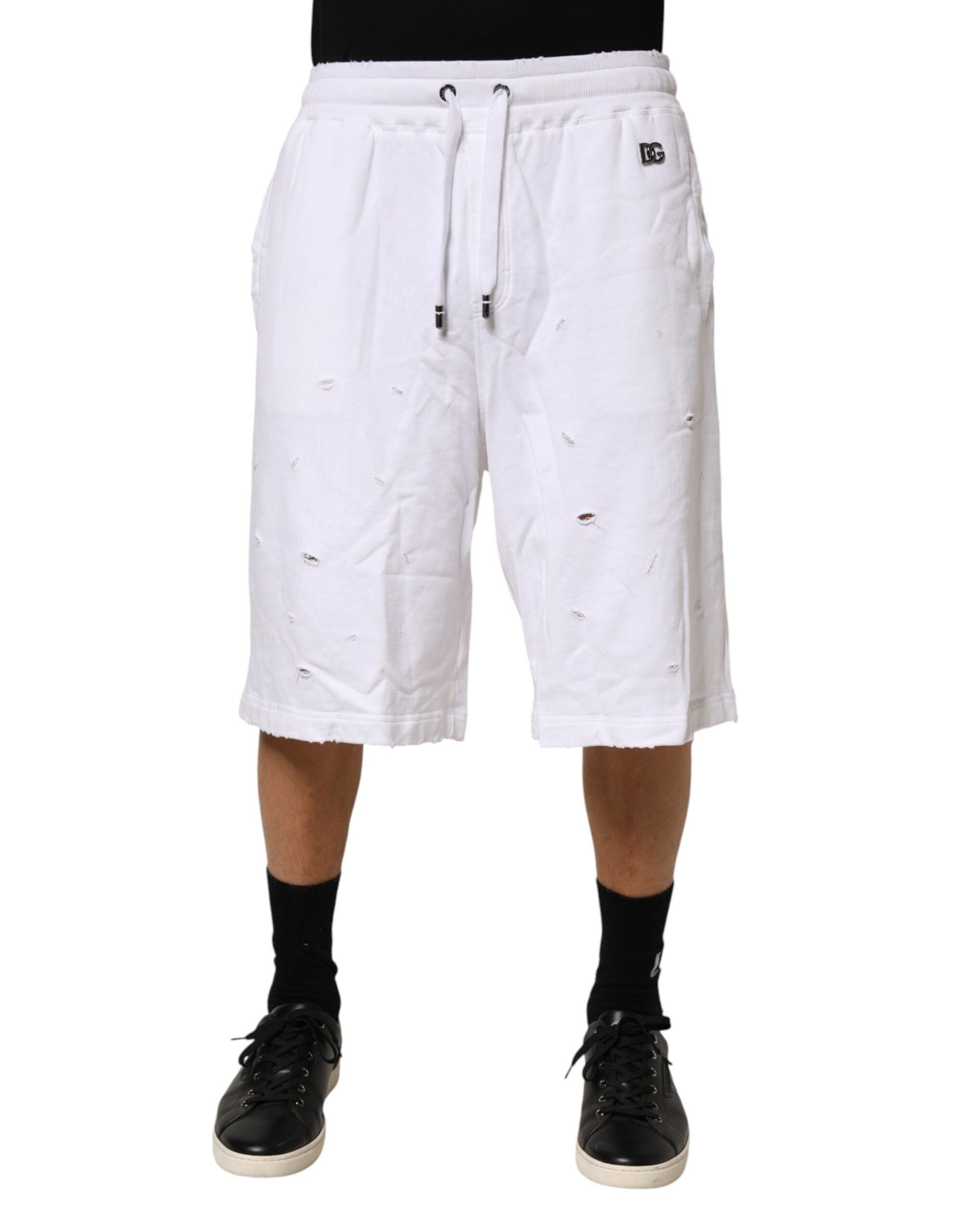 Dolce & Gabbana White Distressed Bermuda Shorts, Designer Couture
