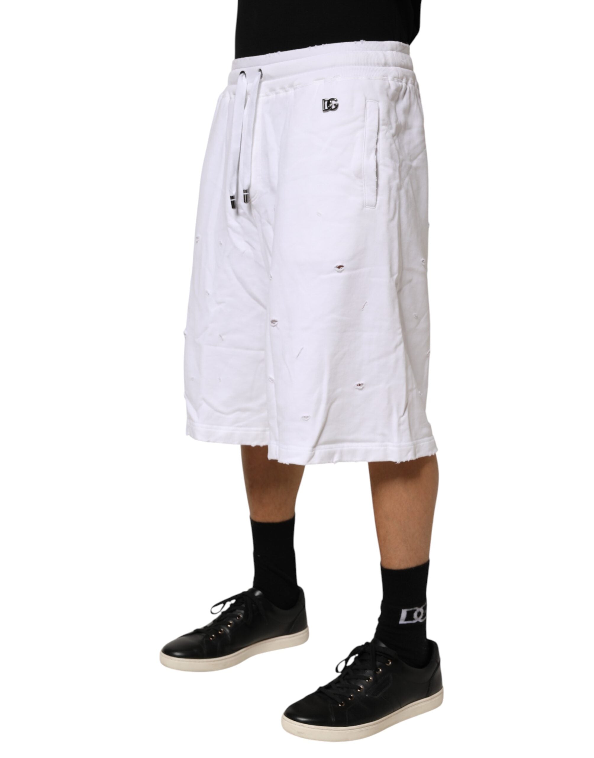 Dolce & Gabbana White Distressed Cotton Bermuda Shorts, Designer Couture