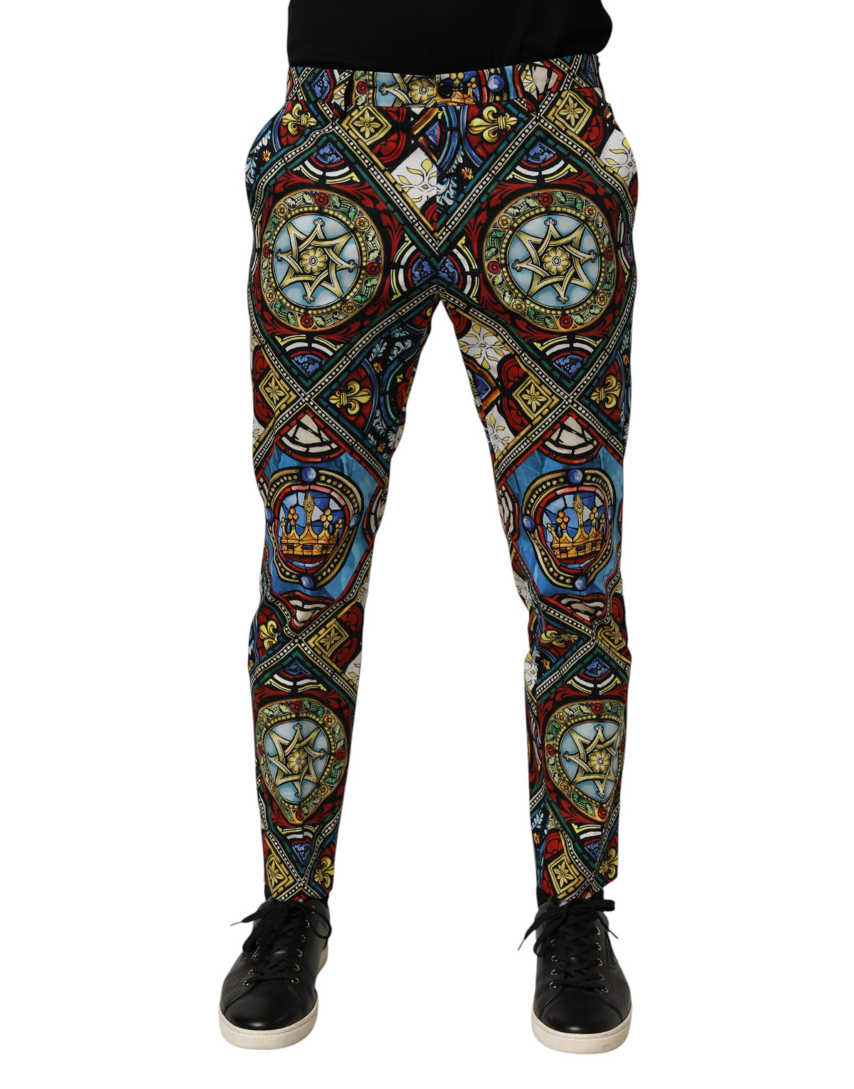 Elevate your wardrobe with Dolce & Gabbana's Multicolor Stained Glass Print Chino Pants, crafted in Italy for unmatched luxury and sophistication.