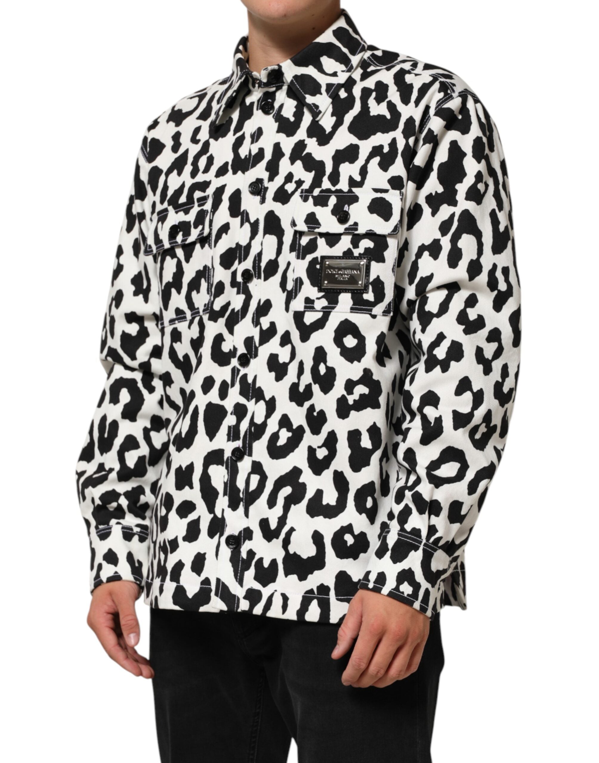 Dolce & Gabbana Black White Leopard Denim Blouson Sweater