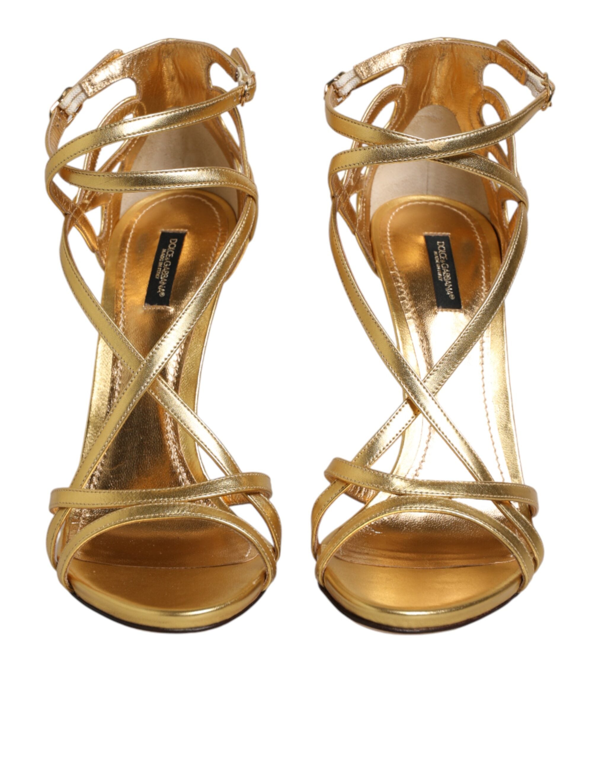 Indulge in the exquisite Dolce & Gabbana Gold Leather Keira Heels, crafted from luxurious lamb and goat leather, epitomizing Italian elegance and timeless allure.