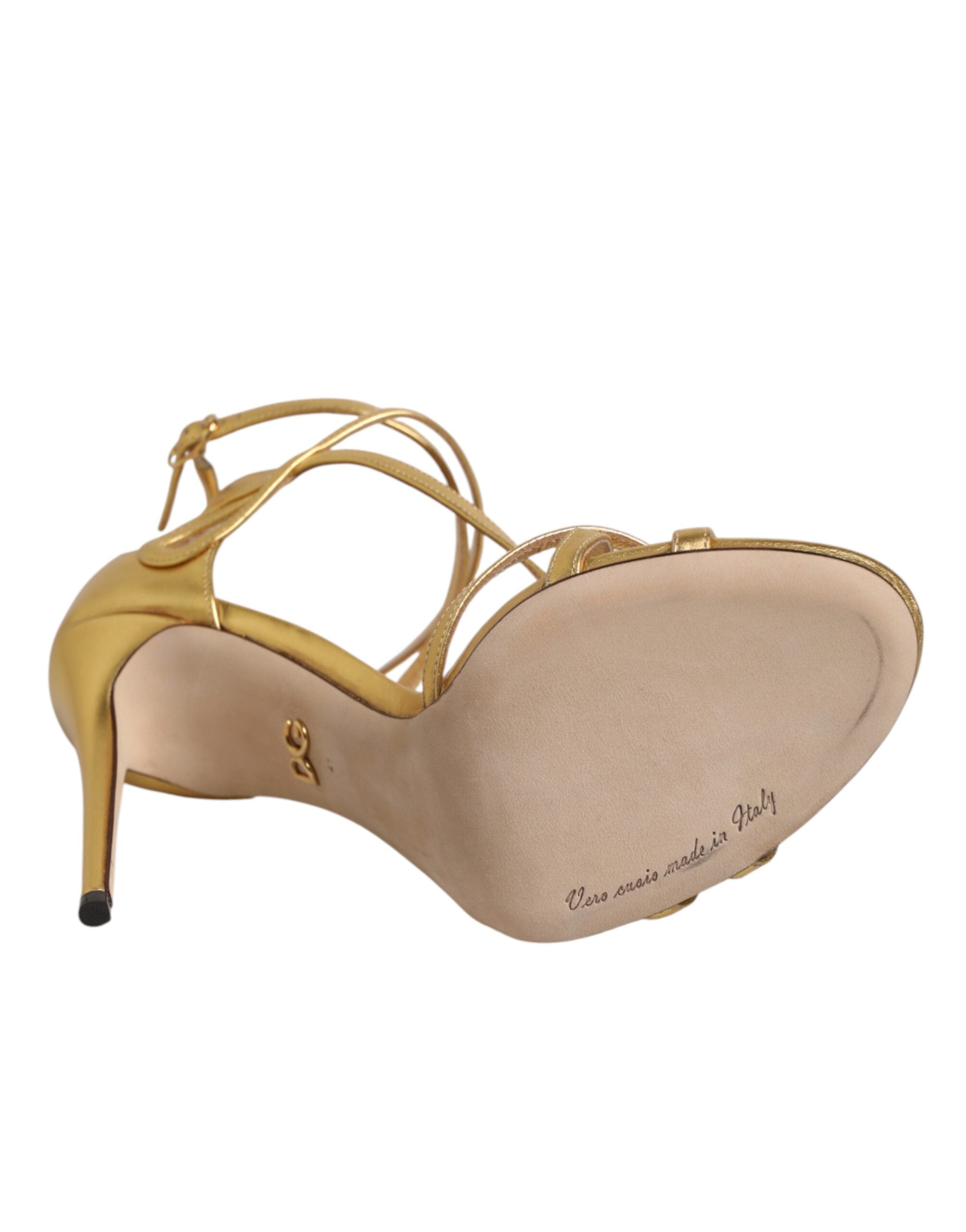Elevate your elegance with Dolce & Gabbana Gold Leather Keira Heels, crafted from luxurious lamb and goat leather, embodying Italian artistry for unforgettable moments.