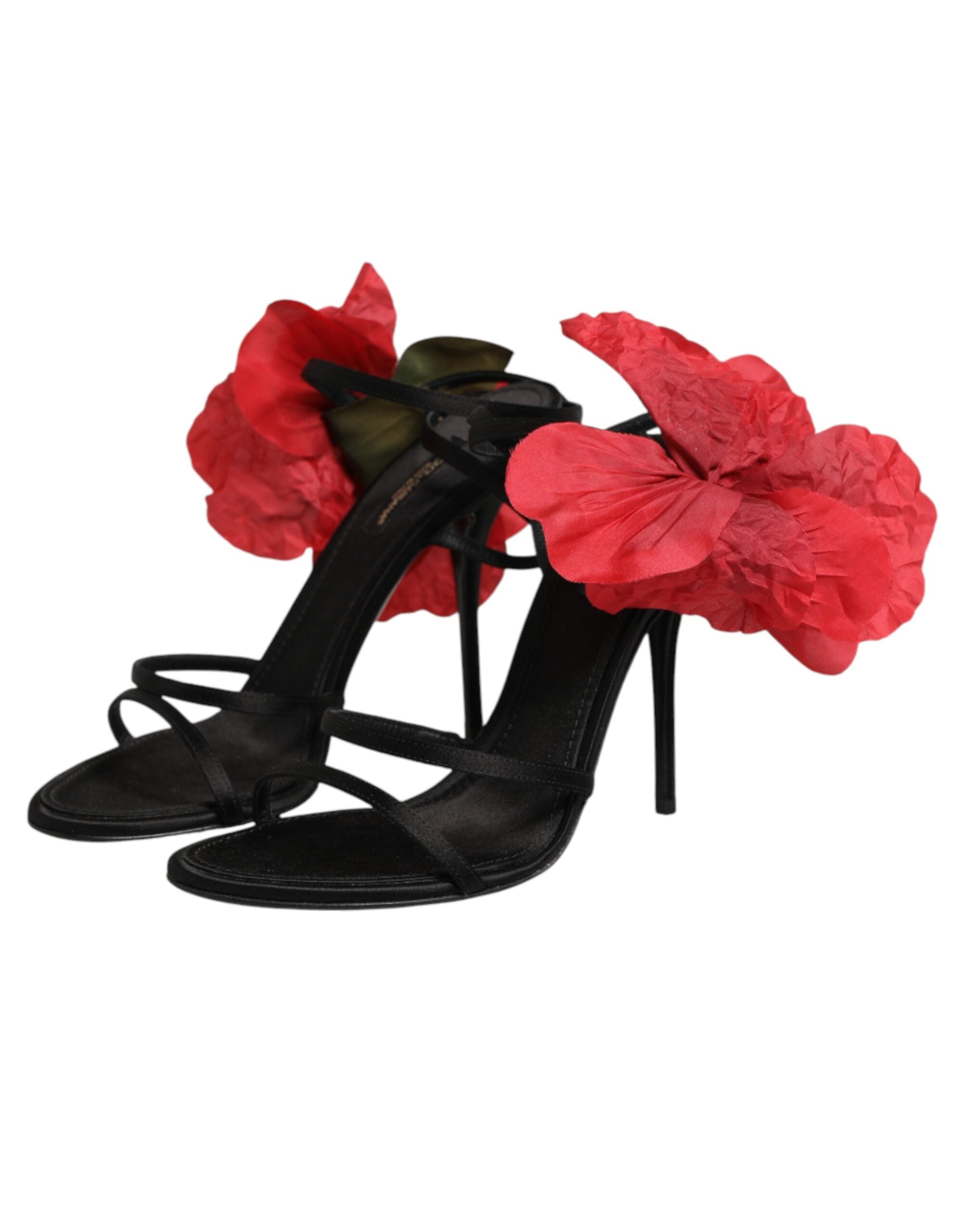 Dolce & Gabbana Black Leather Strappy Flower Heels Sandals Shoes