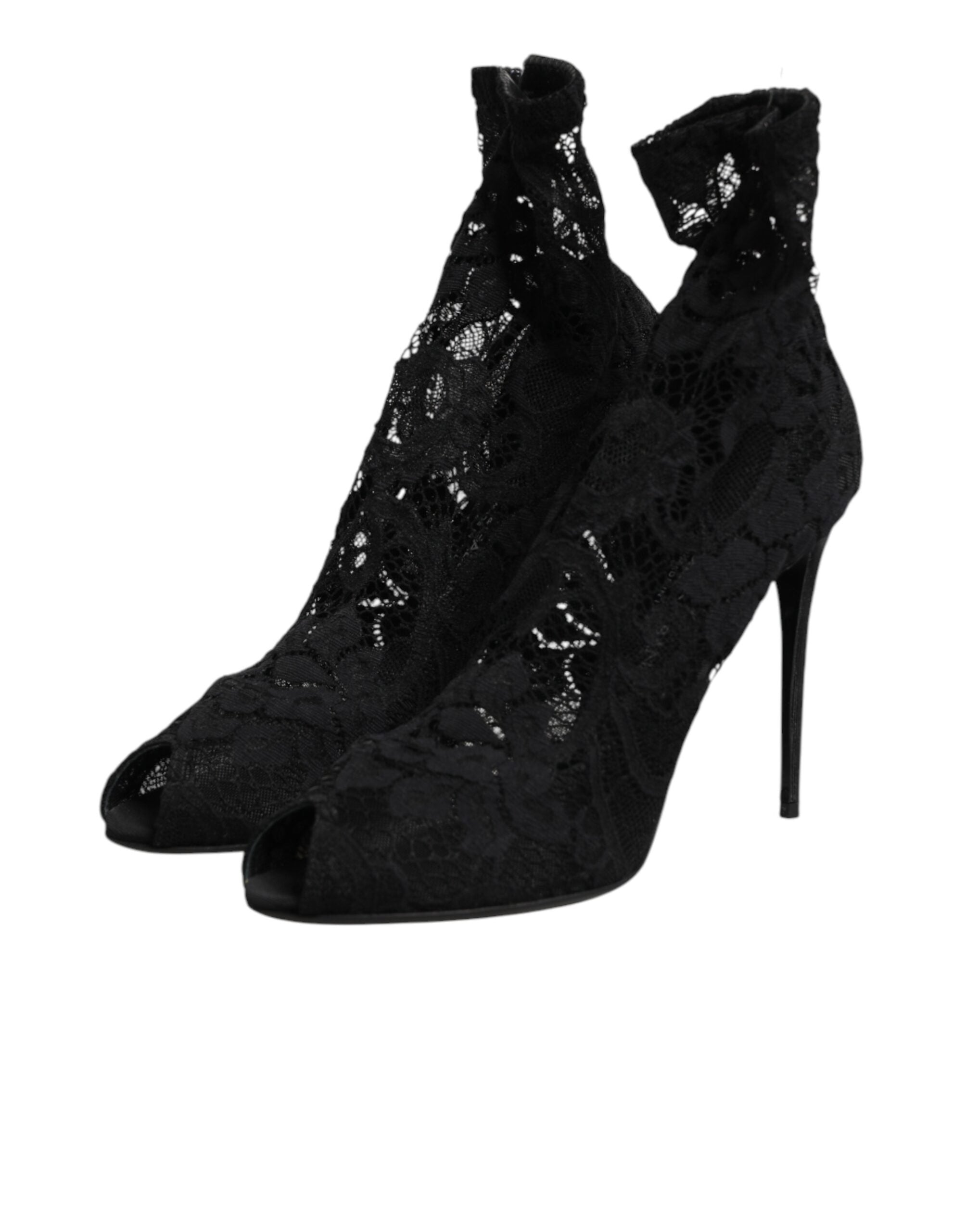 Dolce & Gabbana Black Stretch Taormina Lace Boots Shoes