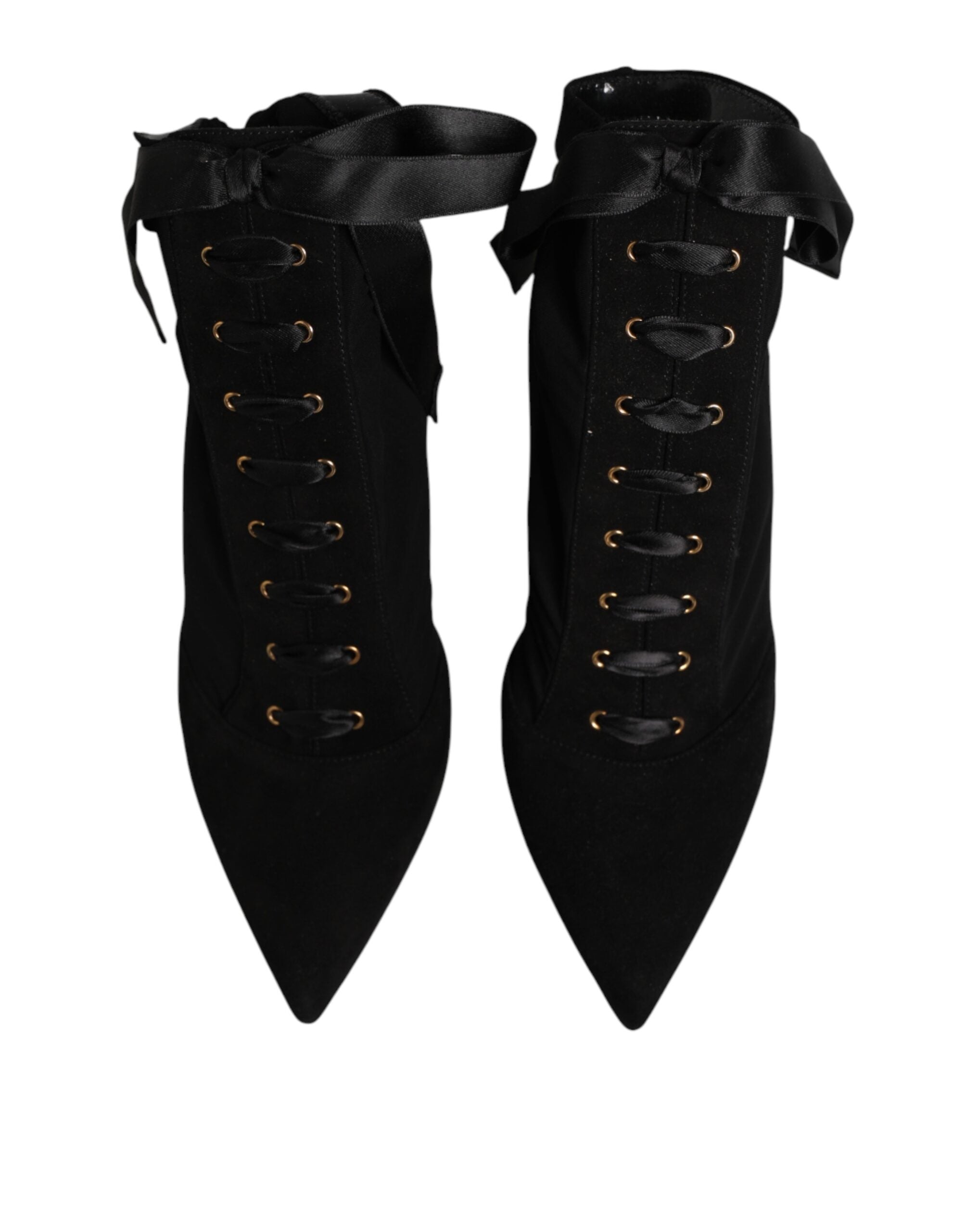 Elevate your style with Dolce & Gabbana's Black Stiletto Heels Lace Up Boots, where exquisite craftsmanship meets luxurious materials for the confident modern individual.