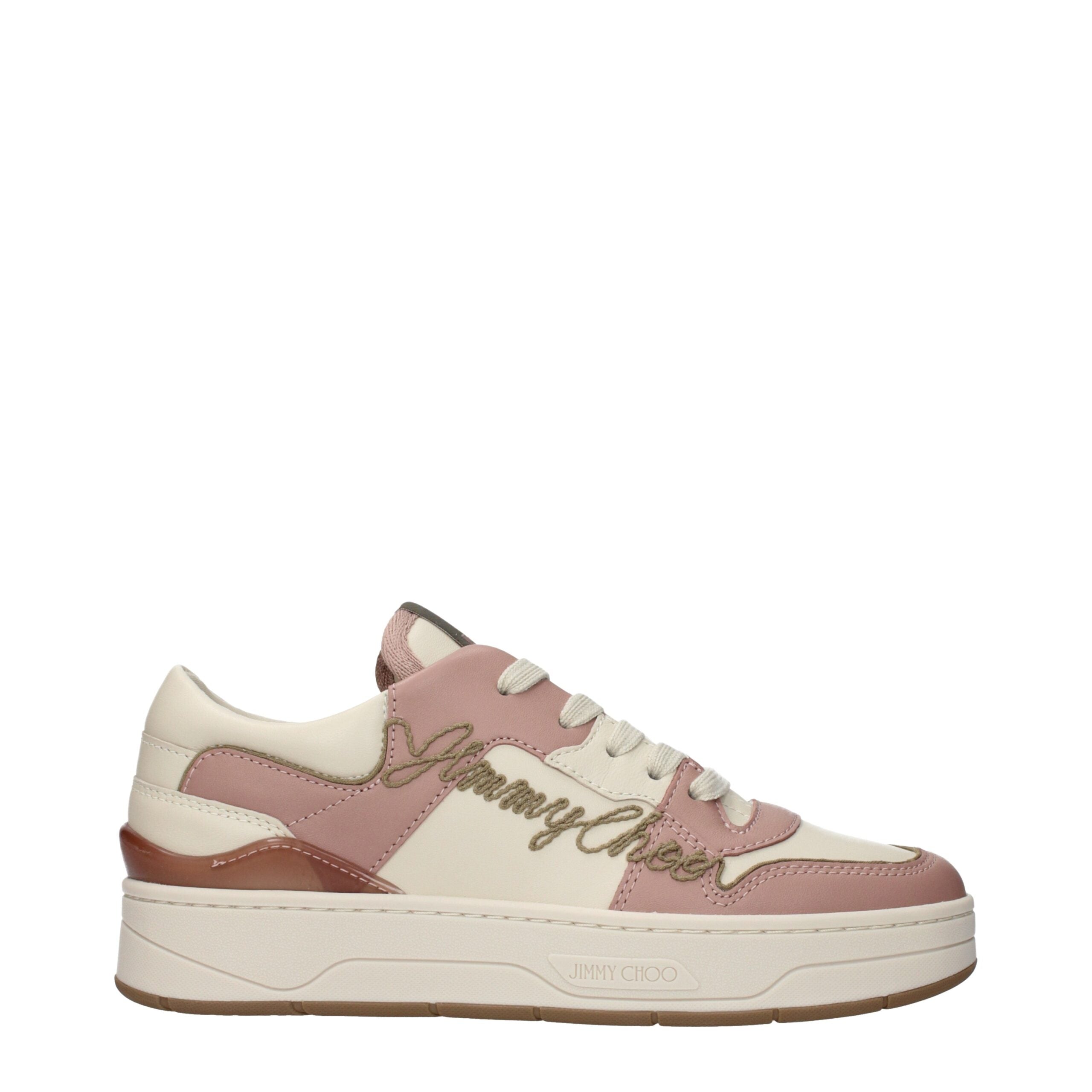 Elevate your style with Jimmy Choo Pink Leather Low Top Sneakers, where exquisite craftsmanship meets timeless elegance, perfect for the discerning fashionista.