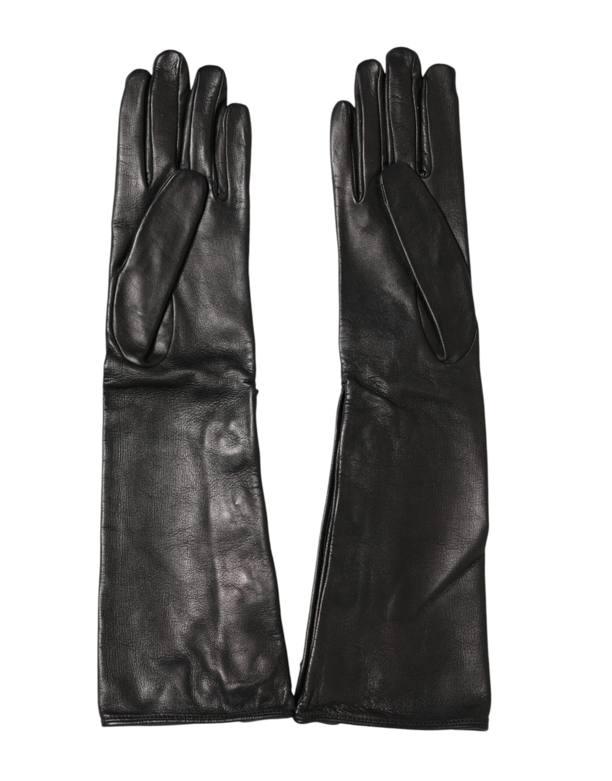 Indulge in the exquisite Dolce & Gabbana Black Leather Embellished Long Mitten Gloves, a luxurious statement of artistry and sophistication crafted from premium lamb leather.