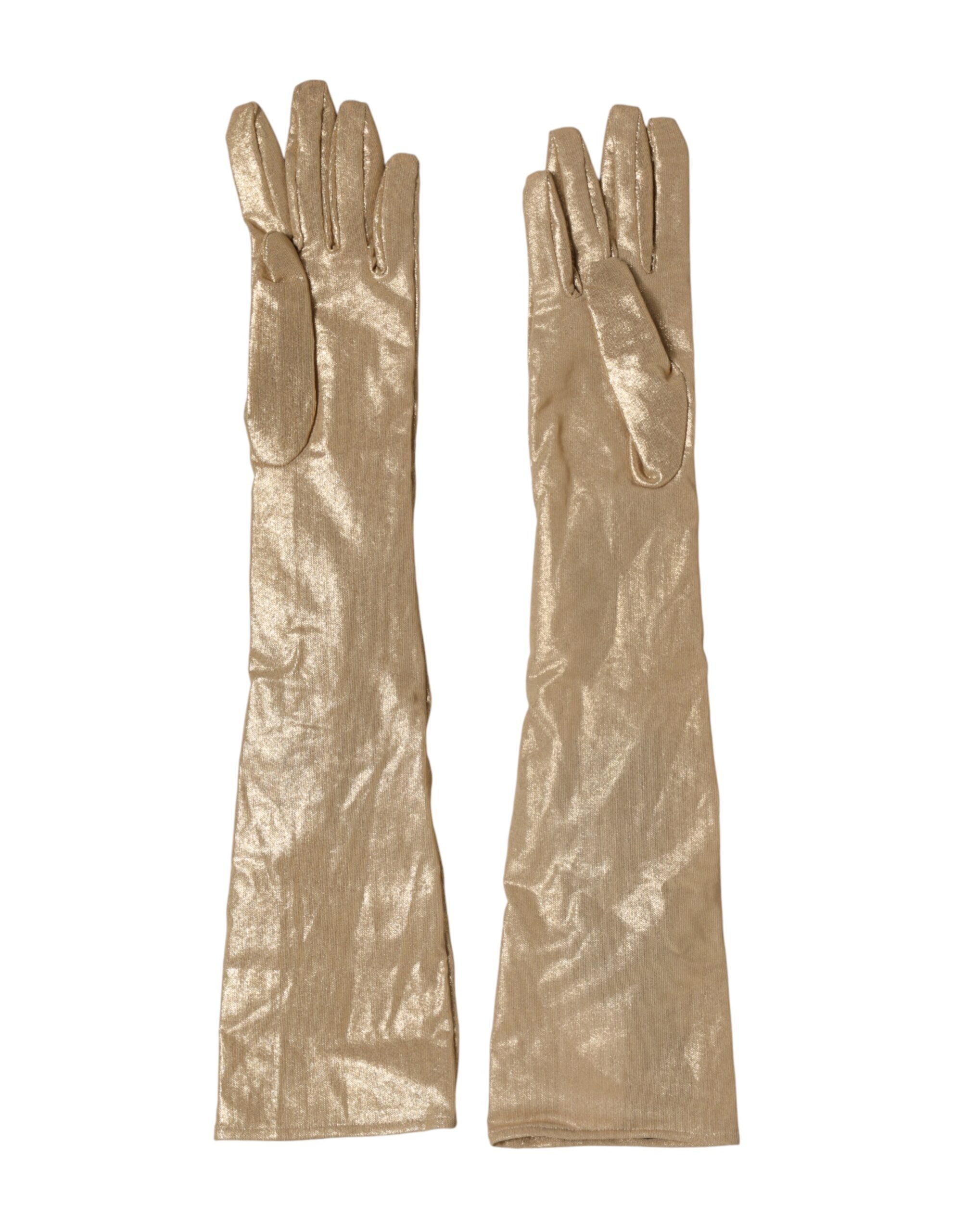 Indulge in the exquisite allure of Dolce & Gabbana's Beige Satin Crystal Elbow Length Mitten Gloves, where luxury craftsmanship meets timeless elegance for unforgettable evenings.