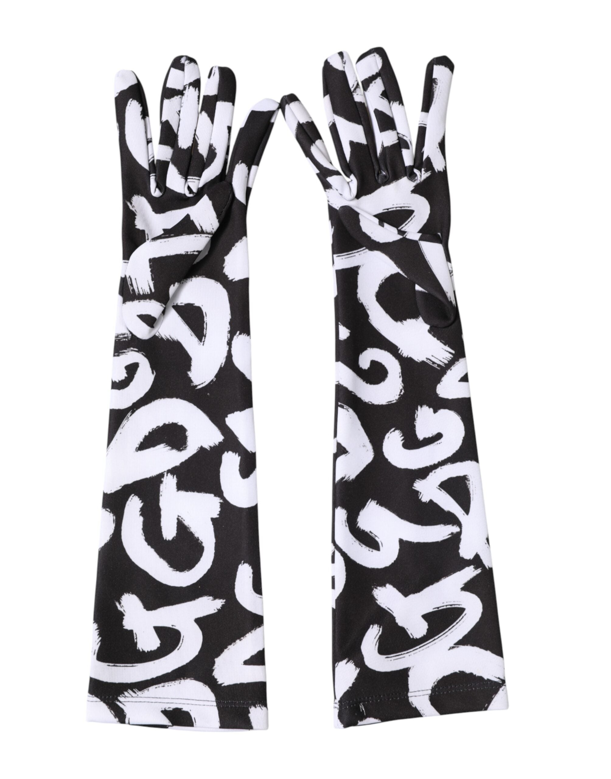 Dolce & Gabbana Black White DG Logo Elbow Length Mitten Gloves