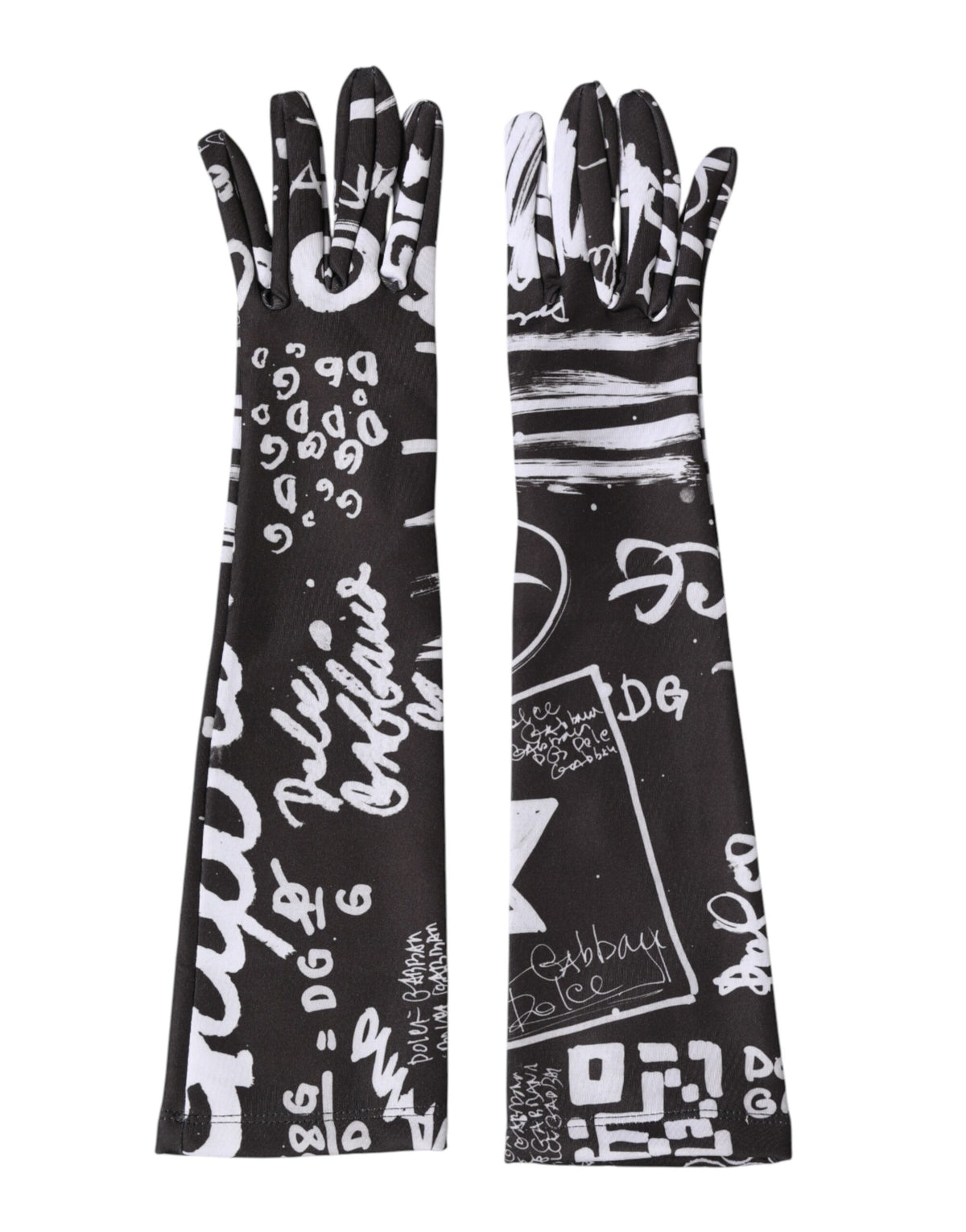 Indulge in the exquisite Dolce & Gabbana Black White DG Logo Elbow Length Mitten Gloves, crafted in Italy from a luxurious blend, embodying timeless elegance and sophistication.