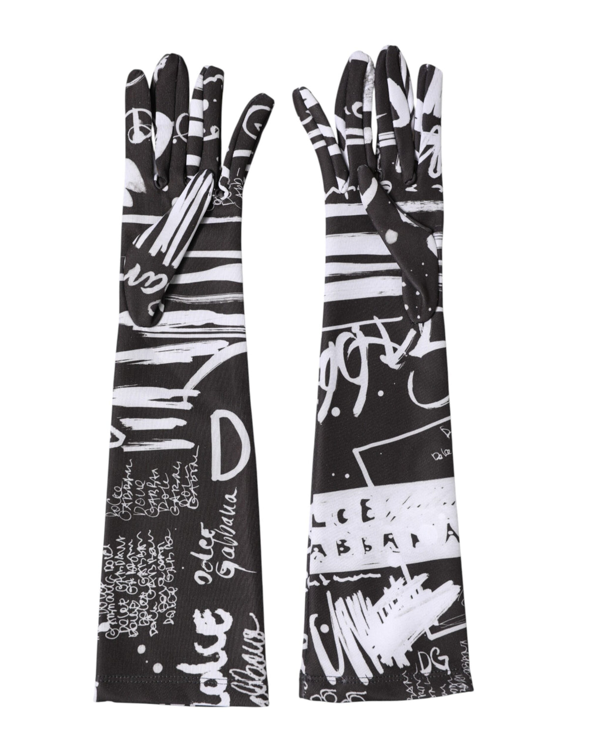 Indulge in the exquisite Dolce & Gabbana Black White DG Logo Elbow Length Mitten Gloves, crafted in Italy from luxurious materials, embodying timeless elegance for the discerning individual.