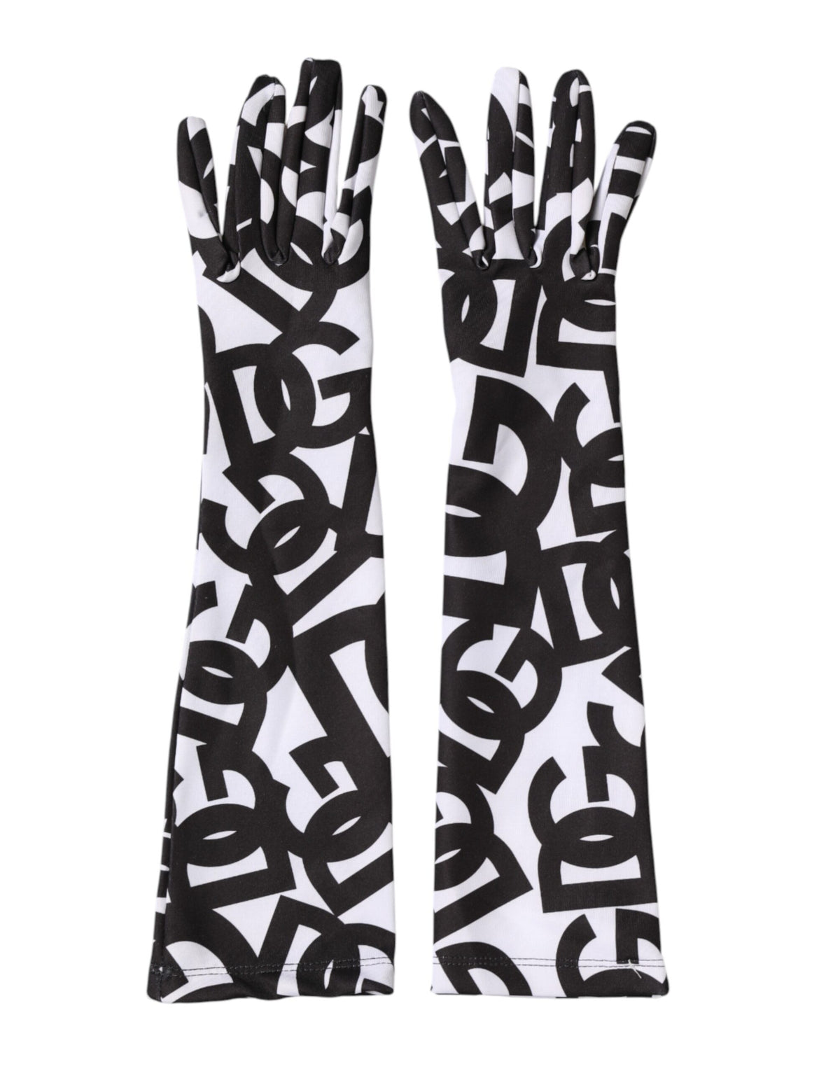 Indulge in the exquisite Dolce & Gabbana Black White DG Logo Elbow Length Mitten Gloves, a luxurious blend of Italian craftsmanship and iconic design, perfect for elevating any ensemble.