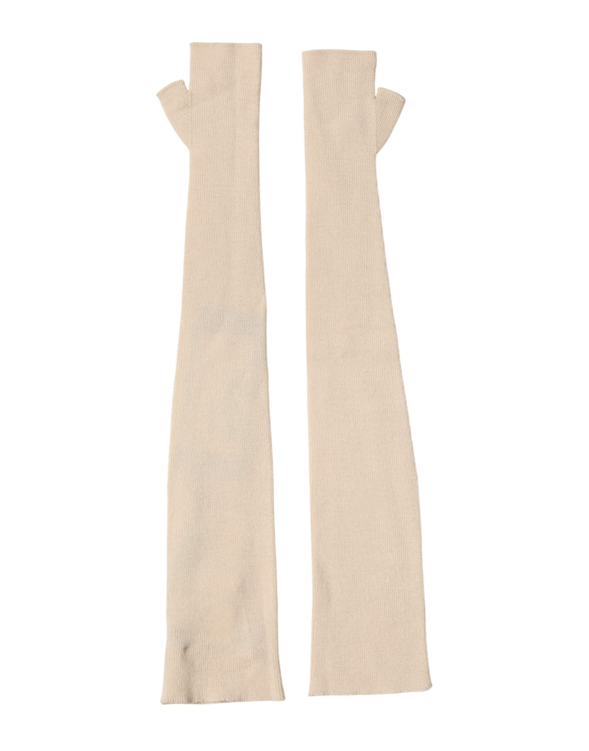 Indulge in the exquisite Dolce & Gabbana Beige Wool Fingerless Elbow Length Gloves, where luxurious craftsmanship meets modern elegance, perfect for any discerning wardrobe.