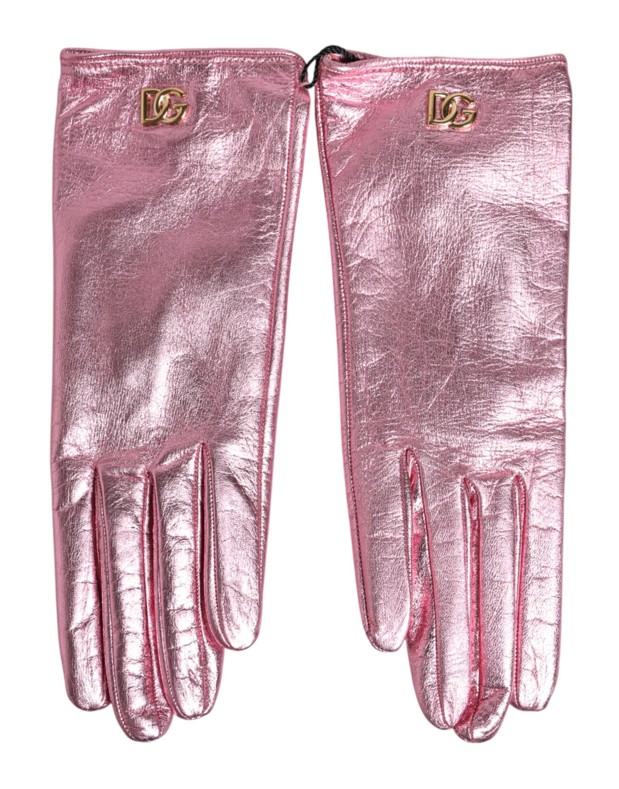 Experience the allure of Dolce & Gabbana's Pink Leather DG Logo Wrist Length Mitten Gloves, where exquisite Italian craftsmanship meets vibrant elegance for the discerning connoisseur.