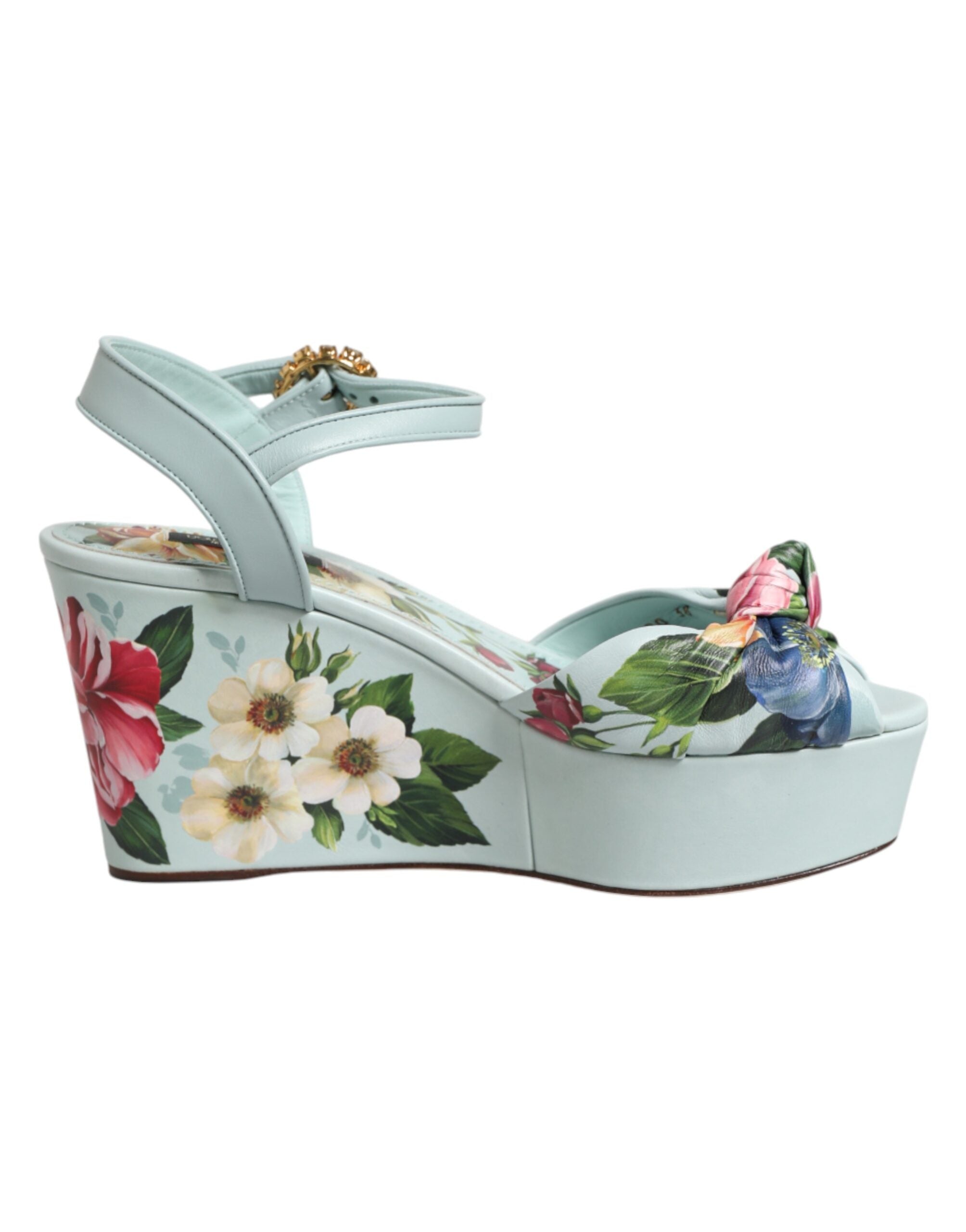 Dolce & Gabbana Green Floral Ankle Strap Wedge Sandals Couture