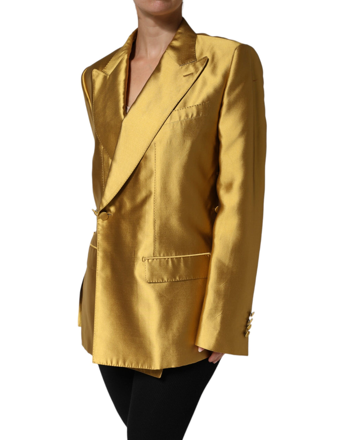 Elevate your elegance with the Dolce & Gabbana Gold Satin Blazer, a masterpiece of silk craftsmanship that embodies luxury and sophistication for every occasion.