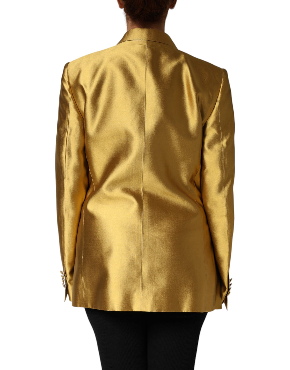 Experience the allure of the Dolce & Gabbana Gold Satin Blazer, a masterpiece of silk craftsmanship that embodies luxury and sophistication for any elegant occasion.