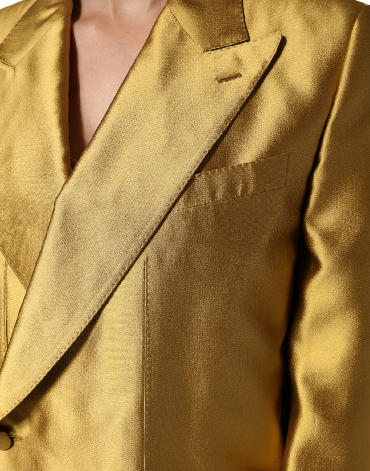 Elevate your style with the Dolce & Gabbana Gold Satin Blazer, a masterpiece of Italian craftsmanship in luxurious silk, perfect for the discerning individual who embodies elegance and sophistication.
