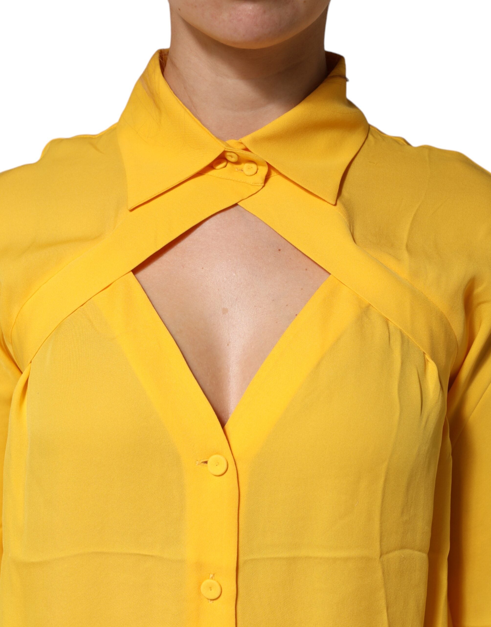 Moschino Couture Yellow Silk Collared Long Sleeves Top