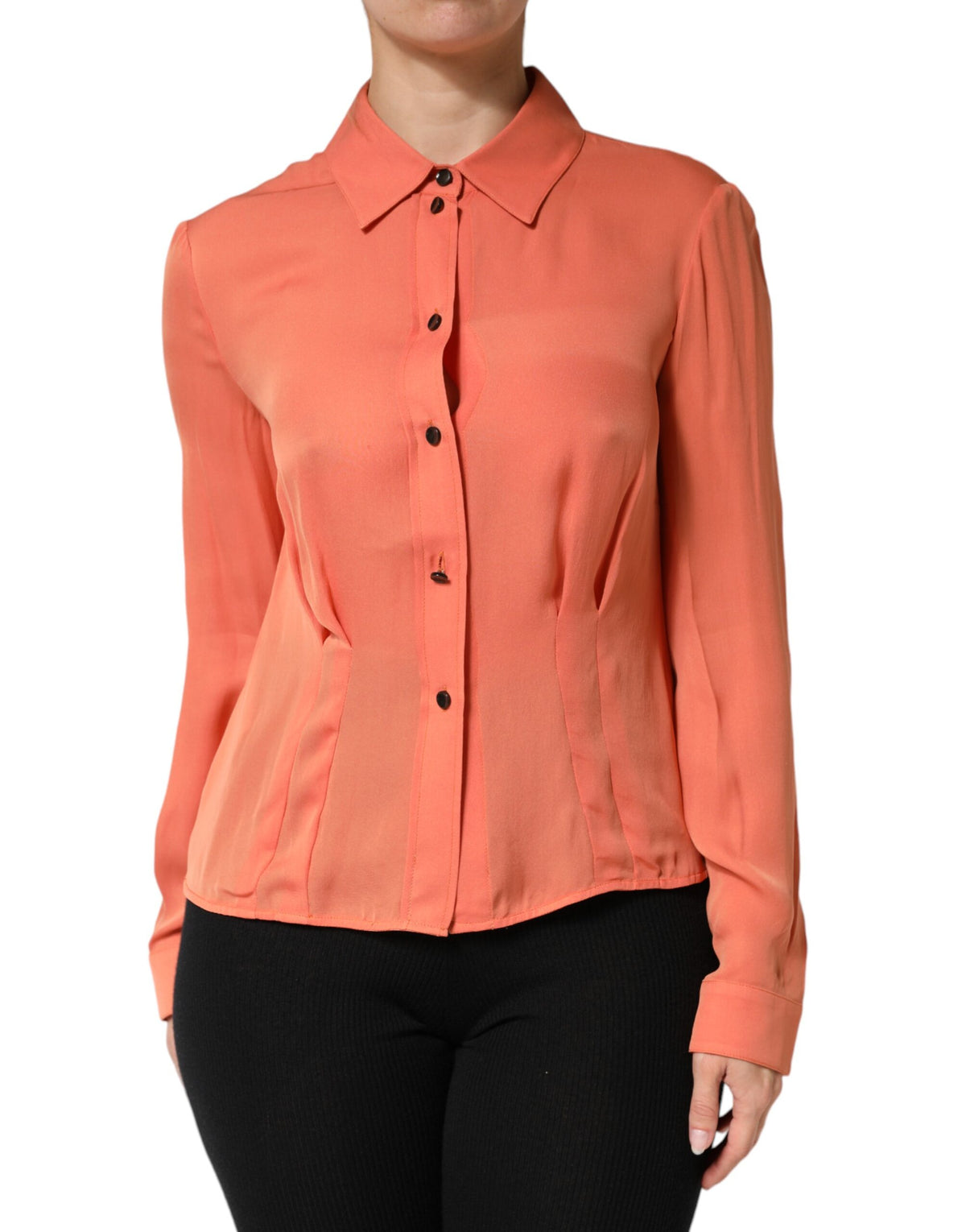 Elevate your wardrobe with the Emporio Armani Orange Collared Button Down Top, a masterpiece of Italian craftsmanship that embodies vibrant elegance and timeless allure.