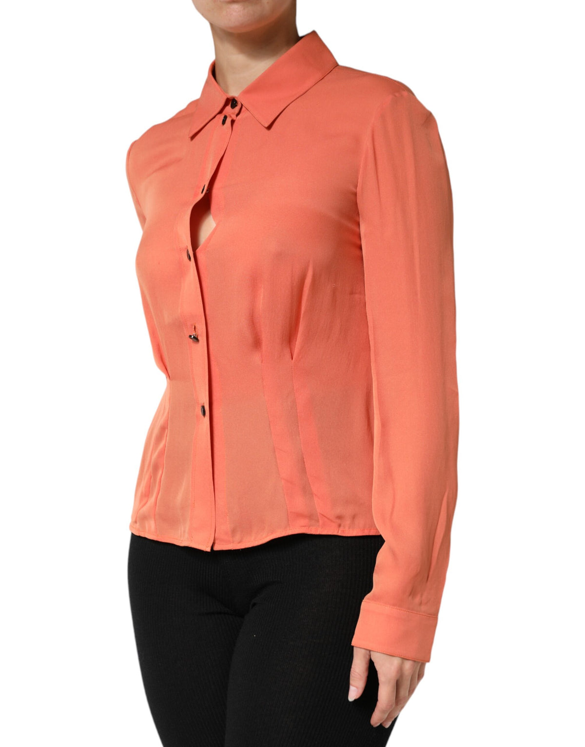 Elevate your wardrobe with the Emporio Armani Orange Collared Button Down Top, a masterpiece of Italian craftsmanship that embodies vibrant elegance and timeless allure.