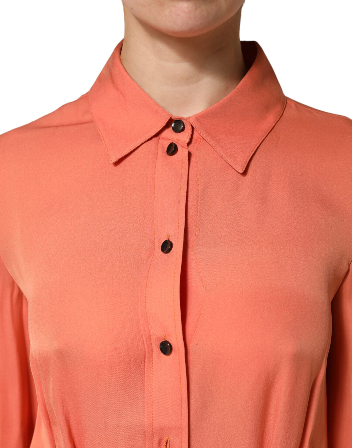 Elevate your wardrobe with the Emporio Armani Orange Collared Button Down Top, a masterpiece of Italian craftsmanship that embodies vibrant elegance and timeless allure.