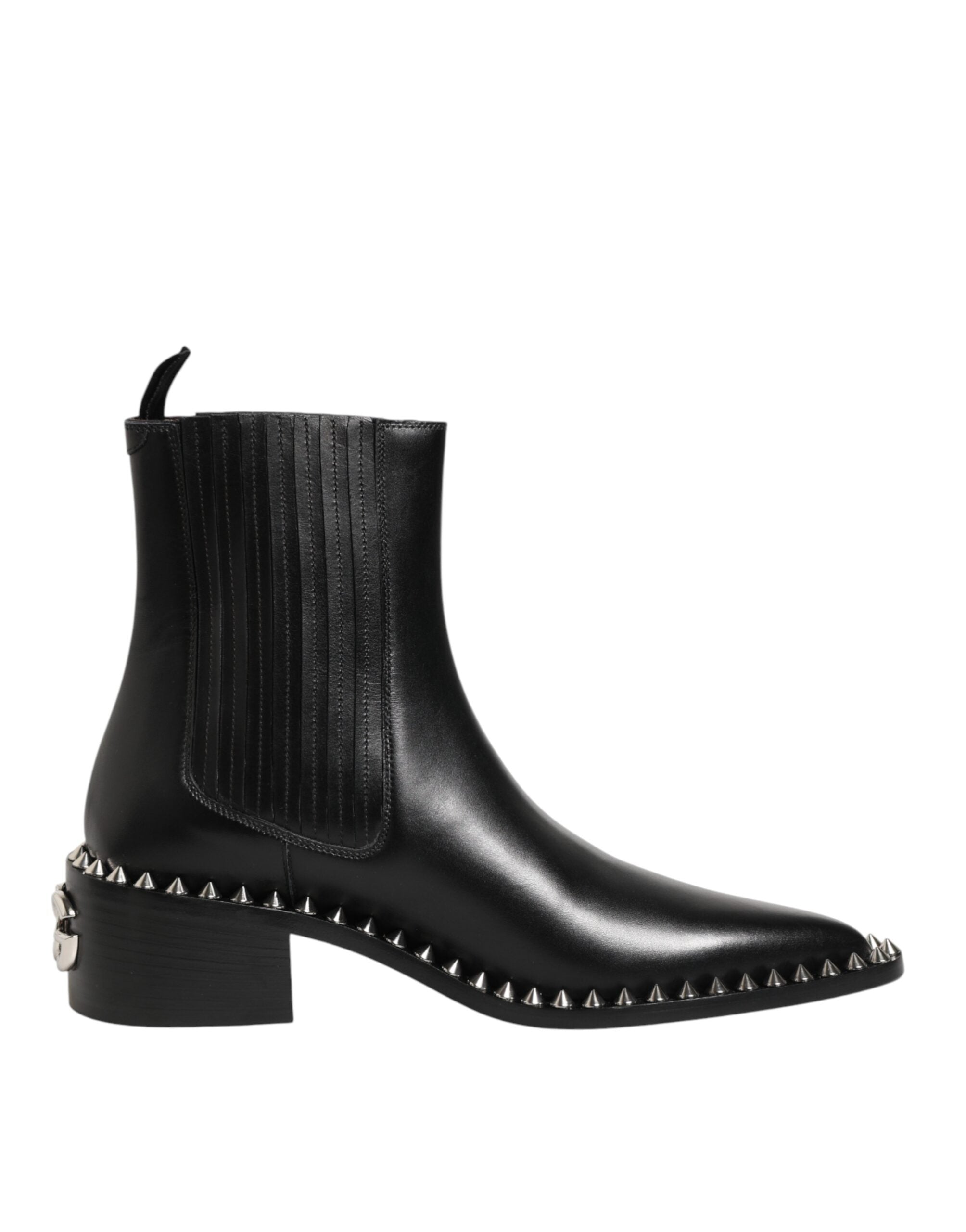 Indulge in the exquisite Dolce & Gabbana Black Studded Chelsea Short Ankle Boots, where premium leather meets Italian craftsmanship for unparalleled sophistication.