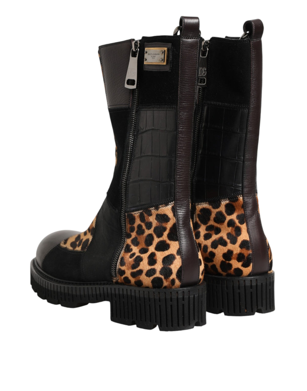 Indulge in the exquisite Dolce & Gabbana Multicolor Leopard Mid Calf Boots, where luxurious crocodile and calf leather meet timeless Italian craftsmanship for unparalleled elegance.